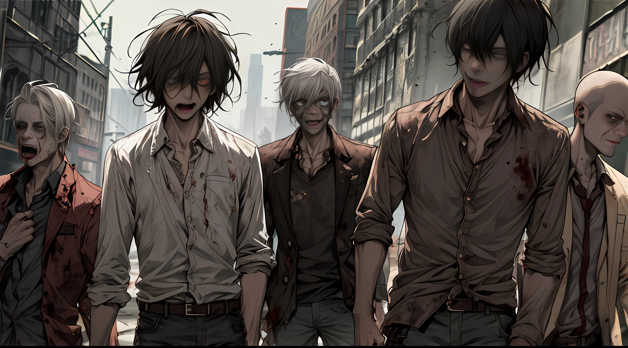 5boy, face focus, (zombies: 1.2), shabby clothes, shabby pants, best quality, face detail, city, tattered buildings, detail background, dark environment, depth of field, background bokeh, tattered