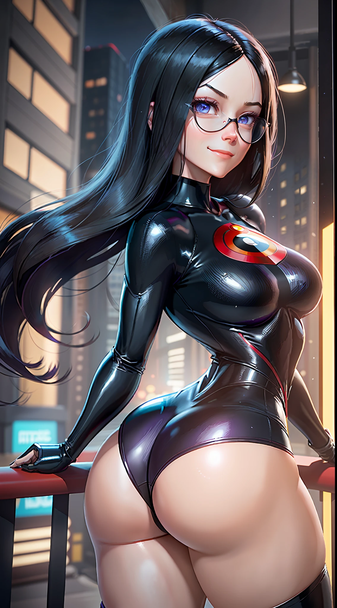 masterpiece, maximum quality, ultra high resolution, 8k, Violet Parr (Movie The Incredibles), full body, very thin, very detailed face, face totally identical to the film, detailed eyes, cheerful smile, smooth and soft pellet, wearing a micro uniform, with his back to the camera, plump butt