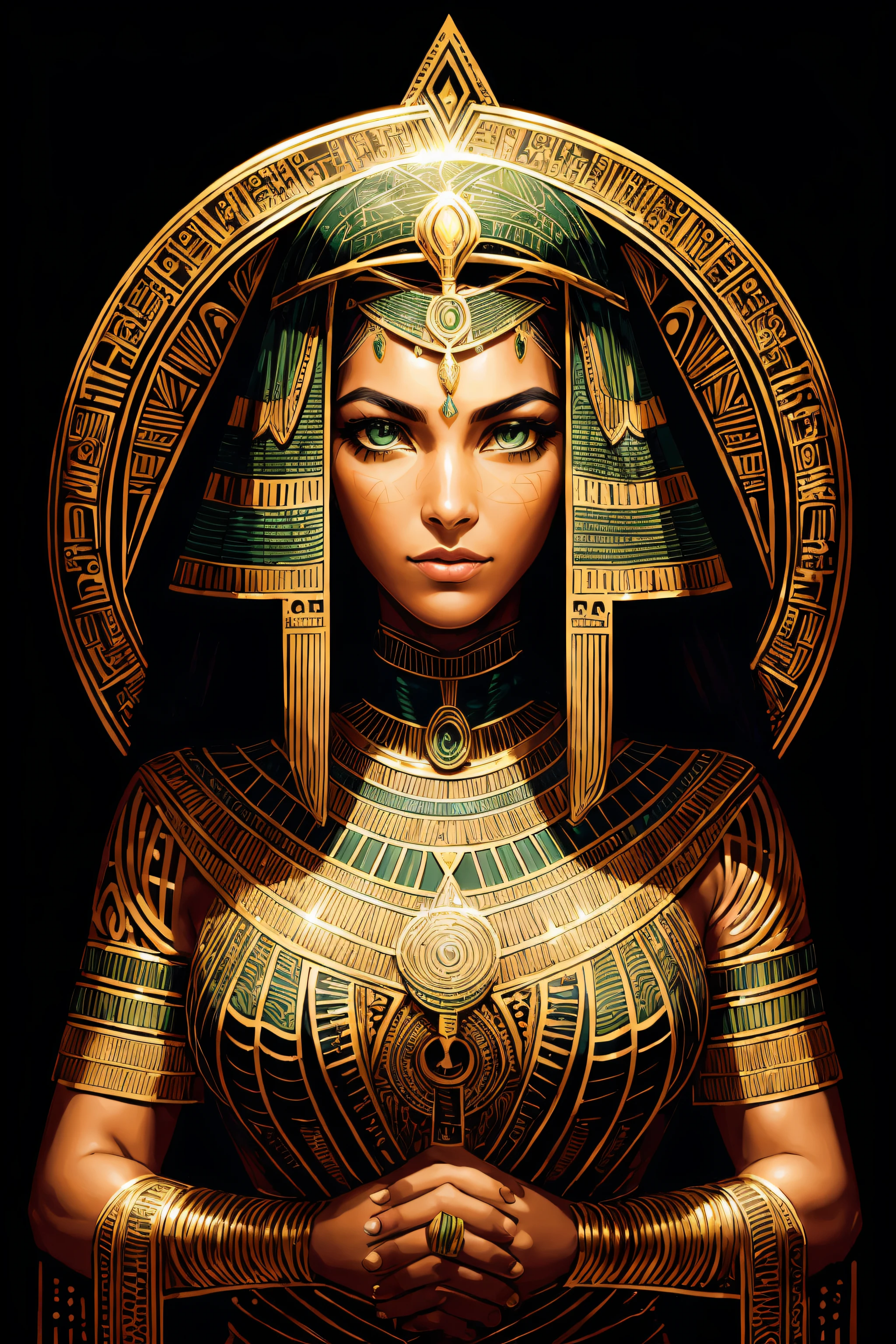 1 adult Egyptian woman, green eyes, black hair flaps, portrait, solo, upper body, looking at viewer, detailed background, detailed face,  OldEgyptAI, ancient egyptian theme,  feral jungle warrior, pink tribal clothing, obsidian, defensive stance, stone knife, bushes, poisonous plants, rocks,  humid climate, darkness, cinematic atmosphere,
dark chamber, dim light (zentangle, mandala, tangle, entangle), (golden and green tone:0.5)
(35mmstyle:1.1), front, masterpiece, 1970s film, , cinematic lighting, photorealistic, high frequency details, 35mm film, (film grain), film noise,