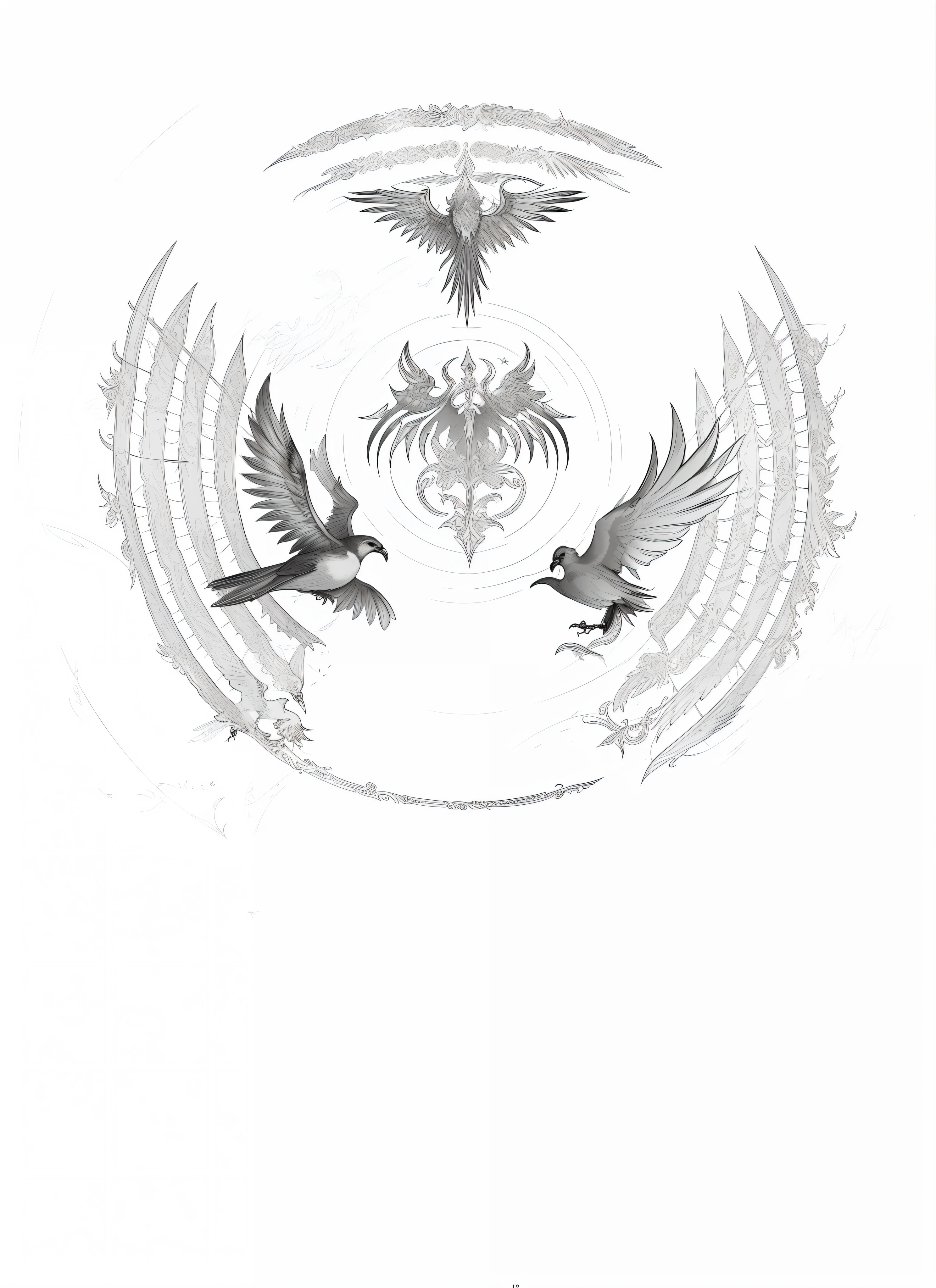 there are two birds flying in the air with wings, lithoraph engraving, tattoo design, intricate devilish designs, detailed linework, linework, extremely detailed linework, highly detailed linework, dark linework, grimoire page, seraphim, concept tattoo design, tattoo design sketch, detailed line work, with wings. ultra-detailed