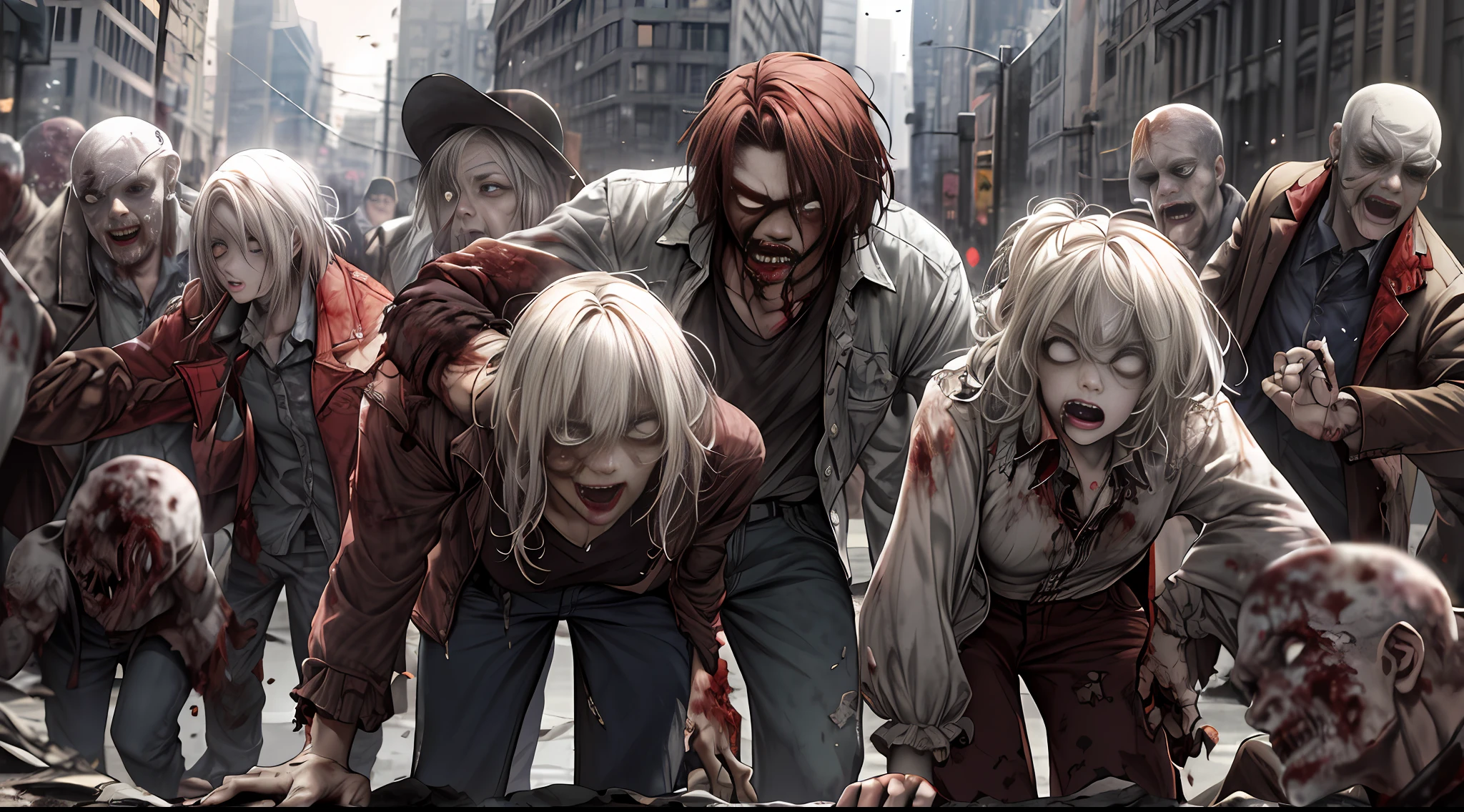 Face Focus, (Zombies: 1.2), Shabby Clothes, Shabby Pants, Best Quality, Facial Details, City, Shattered Buildings, Detail Background, Dark Environment, Depth of Field, Background Bokeh, Tattered, A Group of Zombies, Bent Over Pose