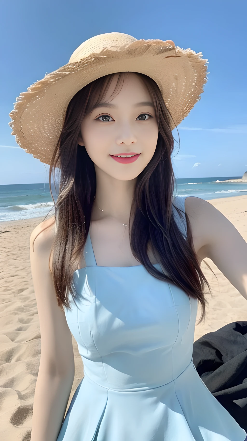 ((Best Quality, 8K, Masterpiece: 1.3)), (Sunscreen Straw Hat: 1.3), Focus: 1.2, Perfect Body Beauty: 1.4, Buttocks: 1.2, ((Layered Haircut: 1.2)), (Dark Street: 1.3), Highly detailed face and skin texture, Full body, delicate eyes, Double eyelids, Whitening skin, Long hair, (Round face: 1.5), (Sky blue dress: 1.6). Smile by the sea