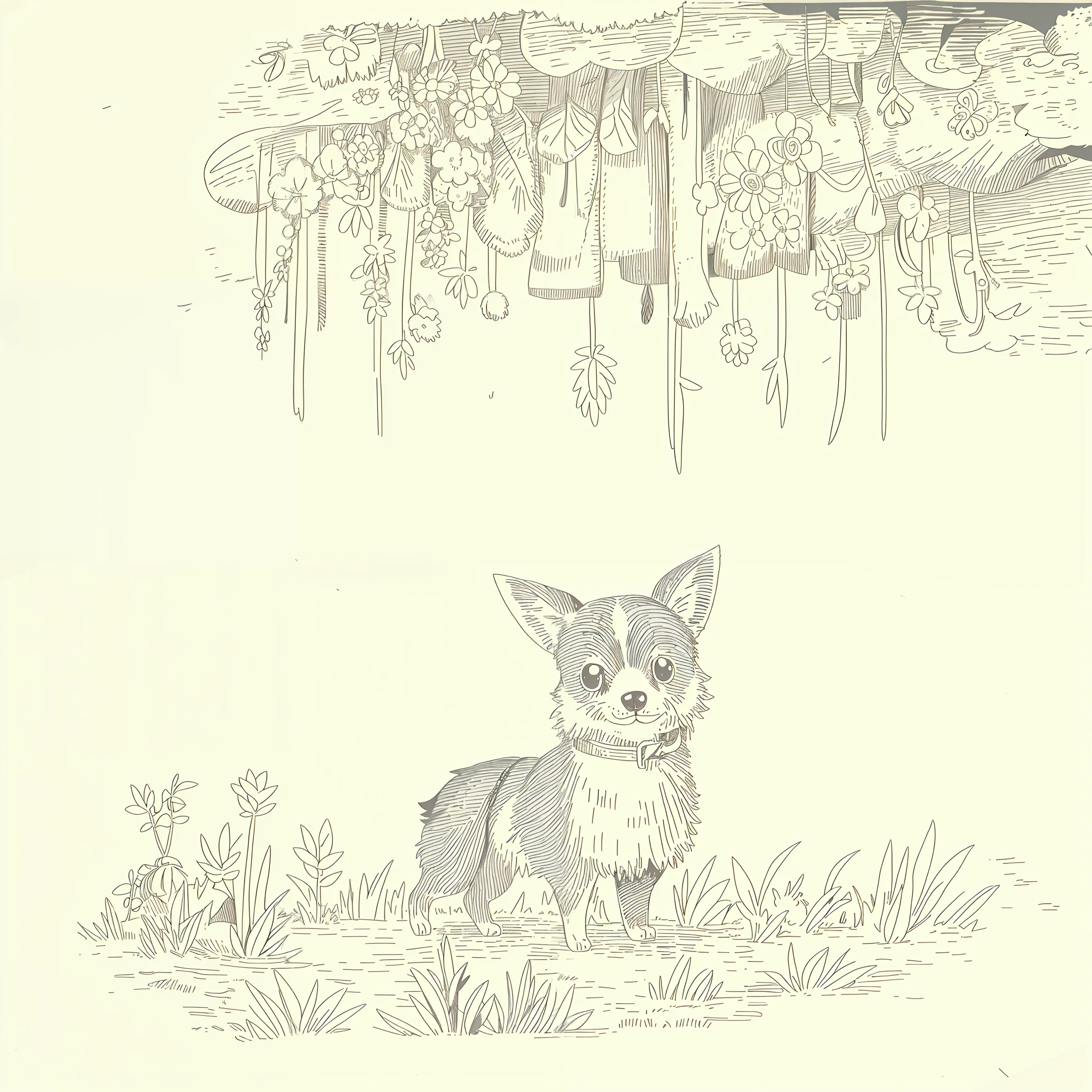 Hight quality, 8k) drawing line, lineart, black and white, cute and fluffy chihuahua dog, in forest with trees and flowers