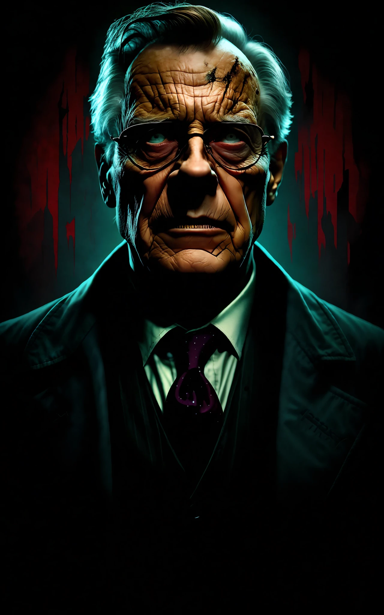 "poster of a horror film titled "Psychopaths" of high quality, extremely detailed, with the best lighting, dramatic shadows, dynamic focus, use of visual overlays, visual style of the twenty-first century, frightening main protagonist, use of chilling sound effects, realistic practical effects, atmosphere of intense suspense, and dark and oppressive environment"