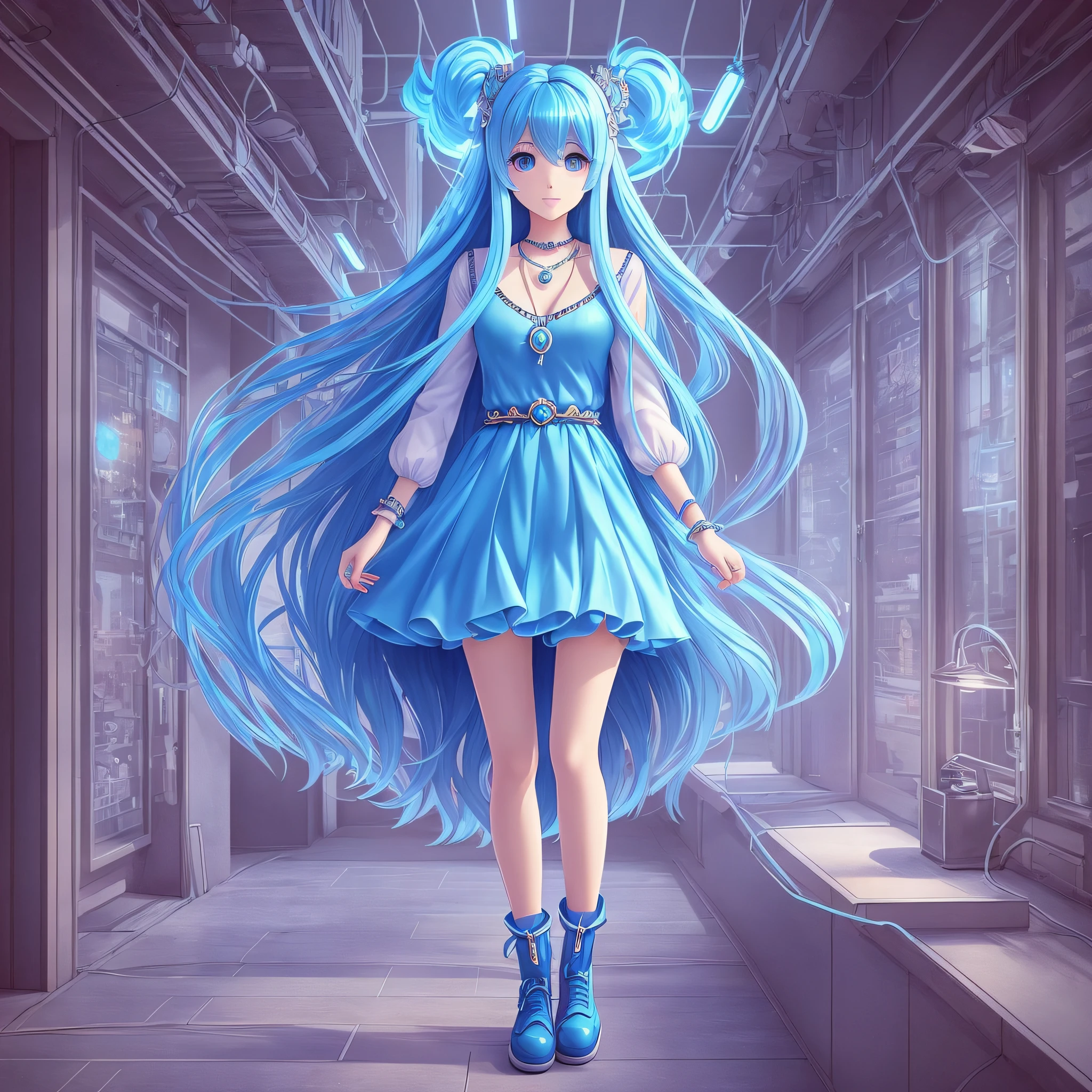 full body illustrationof cute beatifull girl strikingly attractive with long blue hair with the tips glowing in pin she is floating wearing blue clothes and necklaces, 3d character, Niji --auto --s2