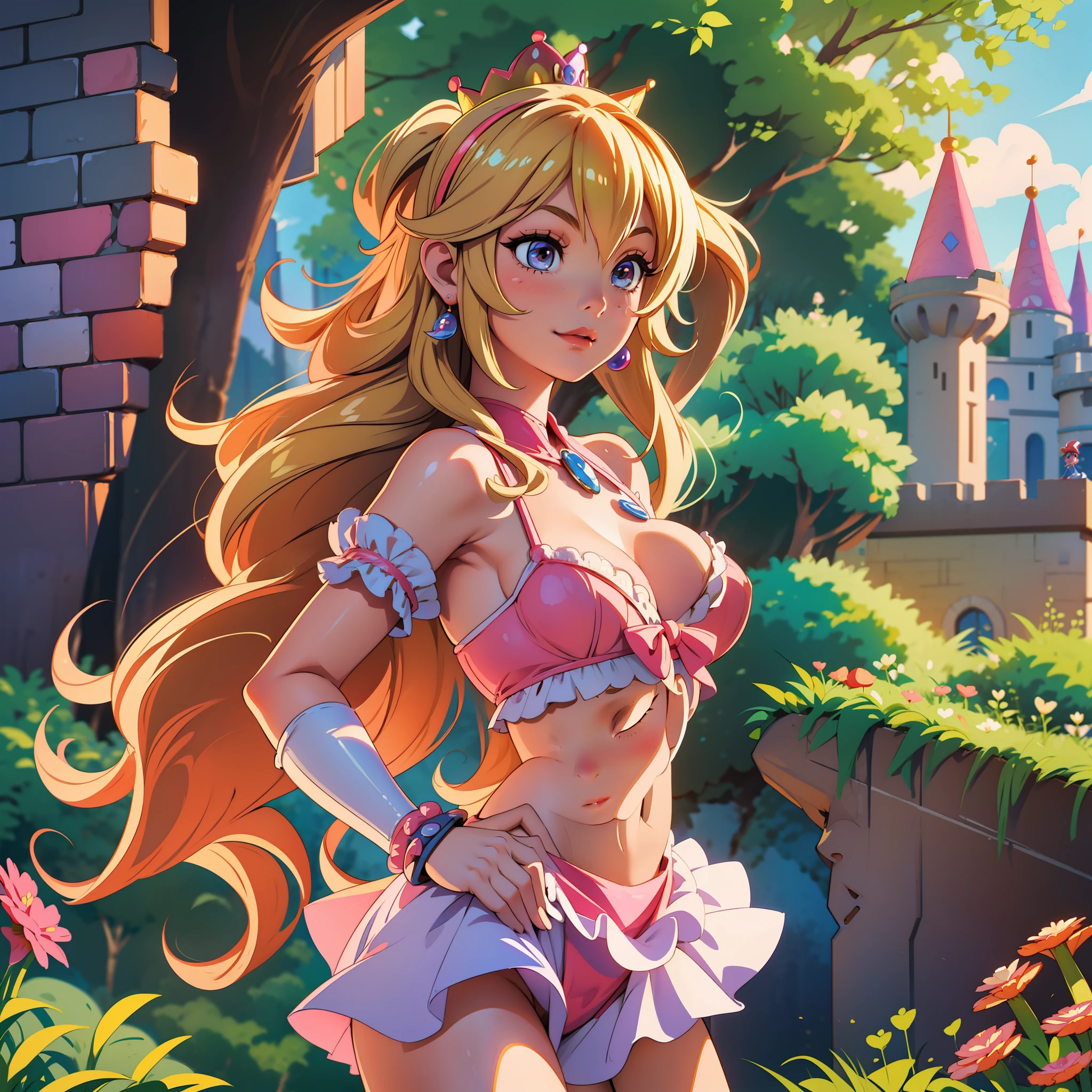 a peach princess, one princess peach, super mario bros princess peach, peach princess from the game super mario bros, blonde haired princess, beautiful blonde hair, long blonde hair, bangs looks like a heart, white short skirt, pink bikini covering breasts, breasts with pink bikini, pink bikini, wearing pink bikini covering breasts, plastic pink bikini, wearing white short skirt smiling for camera, in front of mushroom kingdom castle, mushroom castle, blonde haired princess, blonde princess barbie, detailed crown, super mario bros game, peach princess, beautiful princess, princess posing for photo, super mario bros world princess, beautiful breasted princess, beautiful breasts, barbie princess, perfect body, slim waist, thin-waisted princess, big ass, princess with big ass, princess posing for photo in front of super mario bros game mushroom kingdom castle, super mario bros movie, mushroom kingdom princess, super mario game mushroom kingdom