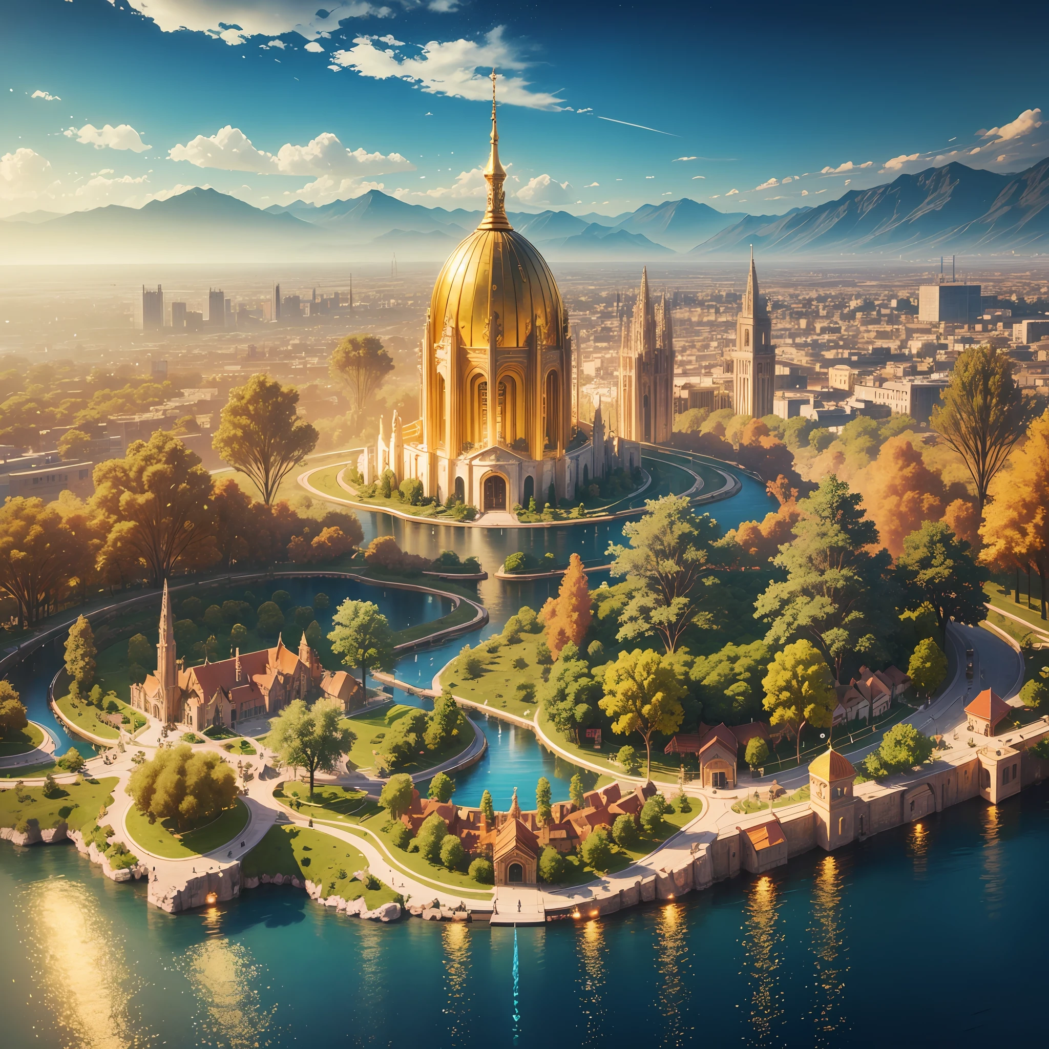 Create the biblical paradise, with floating trees, streets of gold and crystal, streets and houses of gold, lakes in the middle of the city, 4K, cinematic --auto --s2
