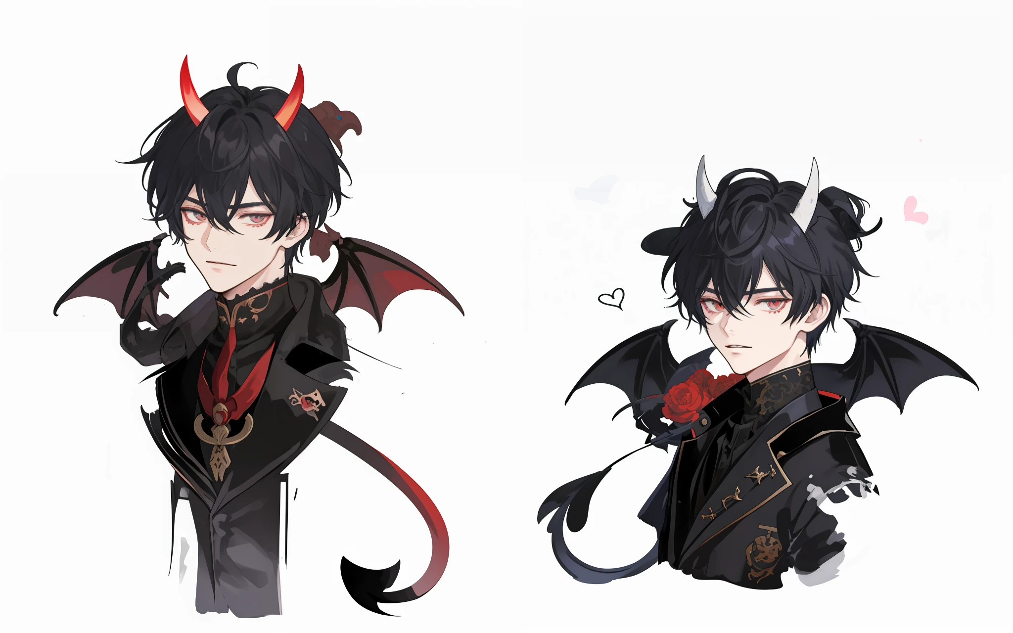 A closeup of an improved image, a person with horns, , demon dream dapper, background with scene, anime boy, demon, cute japanese demon boy, demon boy, with black horns instead of ears, visual novel sprite, male demon, emo boy with tail, mika kurai demon