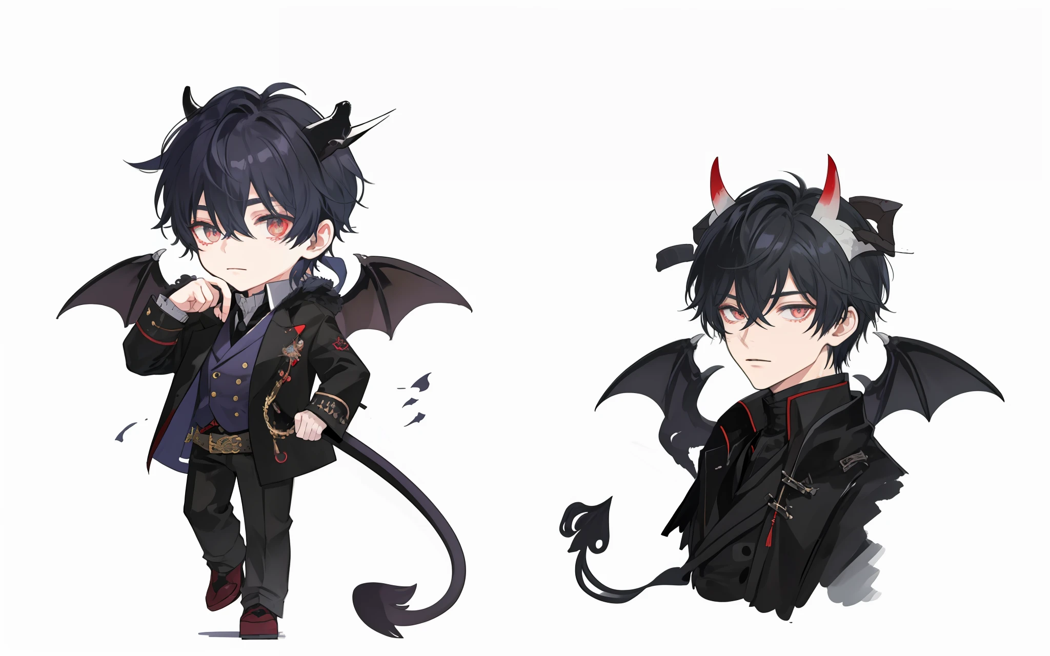 A closeup of an improved image, a person with horns, , demon dream dapper, background with scene, anime boy, demon, cute japanese demon boy, demon boy, with black horns instead of ears, visual novel sprite, male demon, emo boy with tail, mika kurai demon