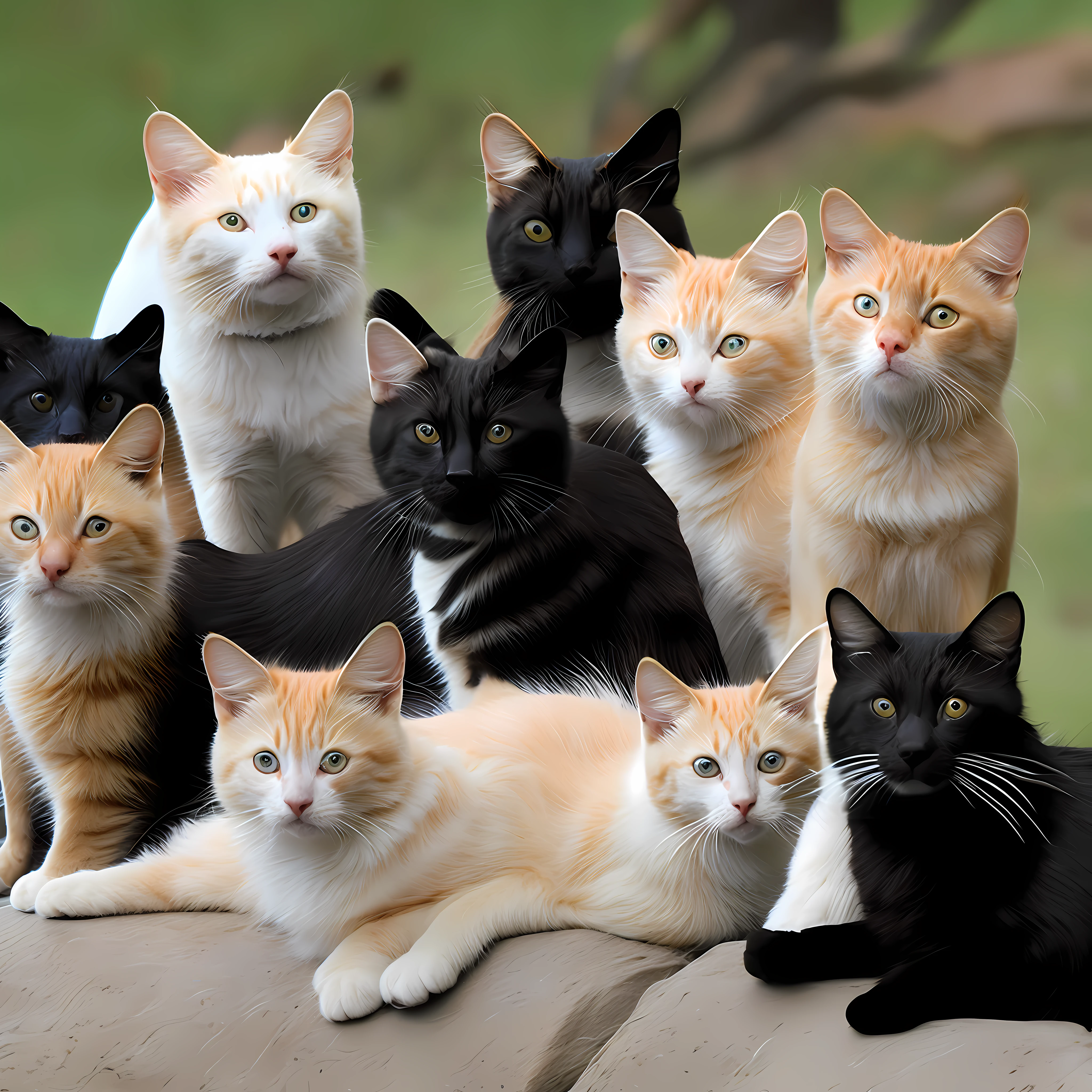 Photo of 8 stray cats, one black, 3 black and white, 1 Siamese, one white and gray gust, one albino, one gust