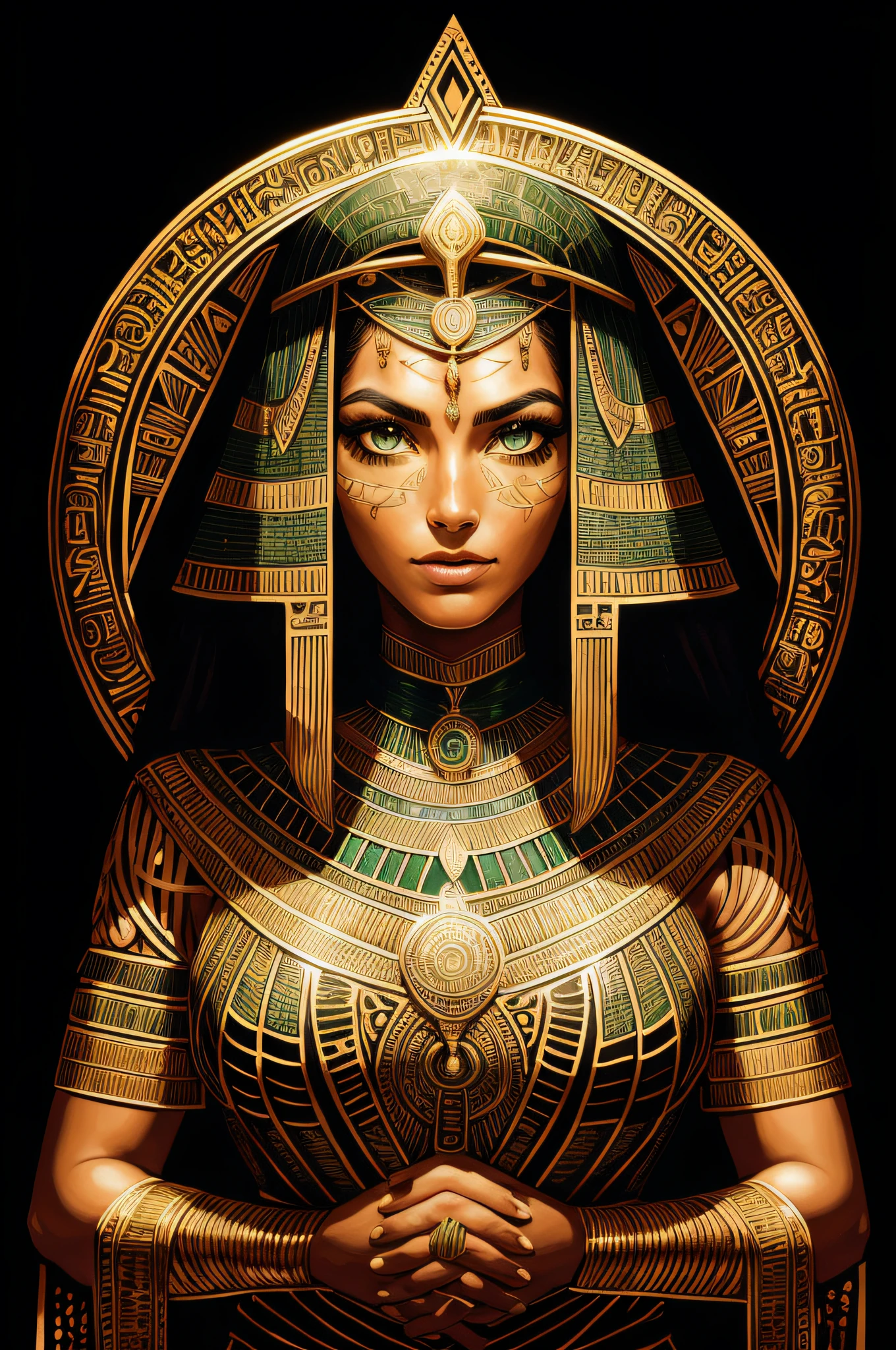 1 adult Egyptian woman, green eyes, black hair flaps, portrait, solo, upper body, looking at viewer, detailed background, detailed face,  OldEgyptAI, ancient egyptian theme,  feral jungle warrior, pink tribal clothing, obsidian, defensive stance, stone knife, bushes, poisonous plants, rocks,  humid climate, darkness, cinematic atmosphere,
dark chamber, dim light (zentangle, mandala, tangle, entangle), (golden and green tone:0.5)
(35mmstyle:1.1), front, masterpiece, 1970s film, , cinematic lighting, photorealistic, high frequency details, 35mm film, (film grain), film noise,