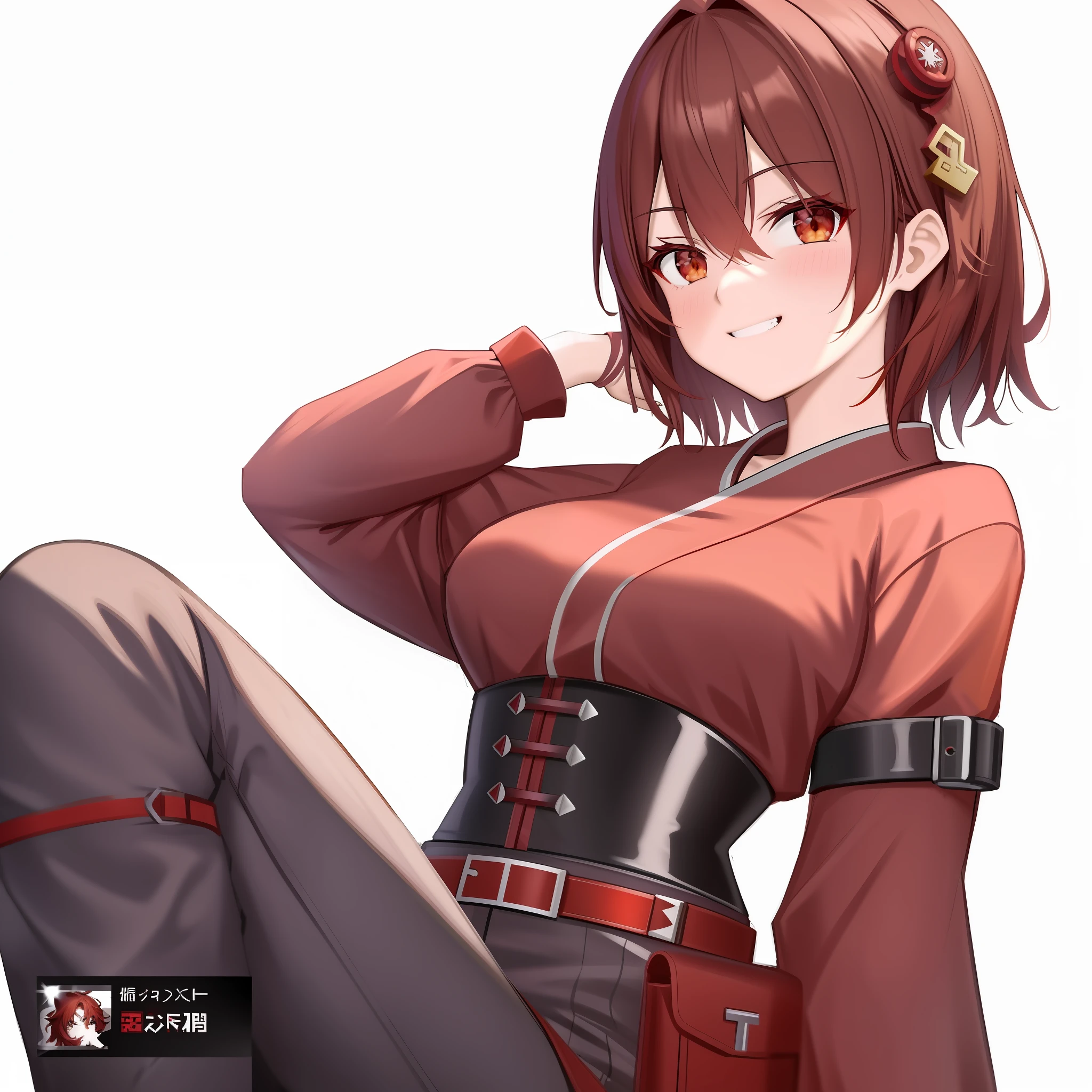 anime girl with red hair and a red top sitting on the ground, render of april, ayaka genshin impact, cushart krenz key art feminine, kantai collection style, female protagonist 👀 :8, from girls frontline, roguish smirk, dramatic smirk pose, cushart krenz, fine details. girls frontline