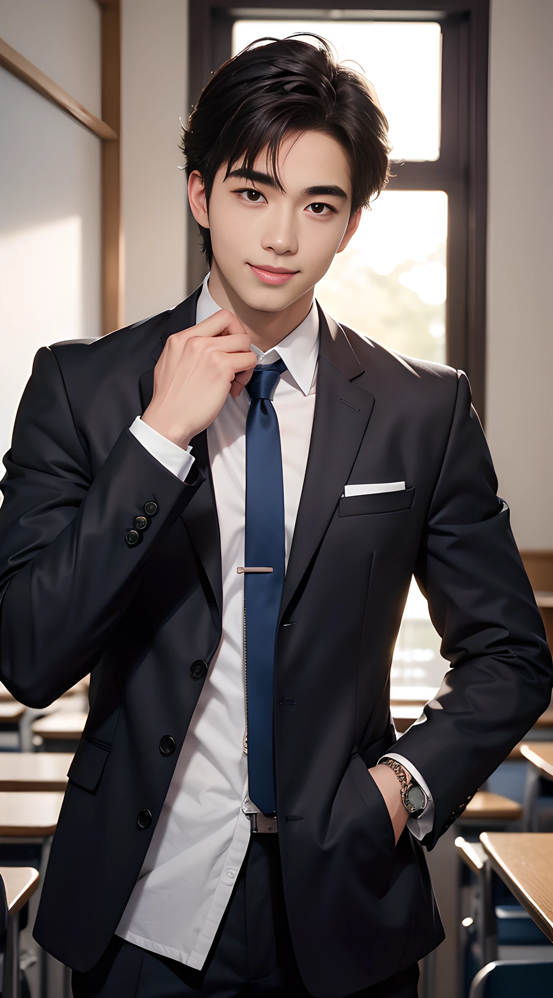 (handsome muscular man), handsome muscular high school man in the classroom of high school, he wears high school uniform and a jacket, mischievous smile, (details: 1 1), natural muscles, high quality, beautiful eyes, (detailed face and eyes), ( No face: 1 2), noise, real photo、... PSD, Sharp Focus, High Resolution 8k, Real & Professional Photography, 8K UHD, Soft Lighting, High Quality, Film Grain, FUJIFILM XT3