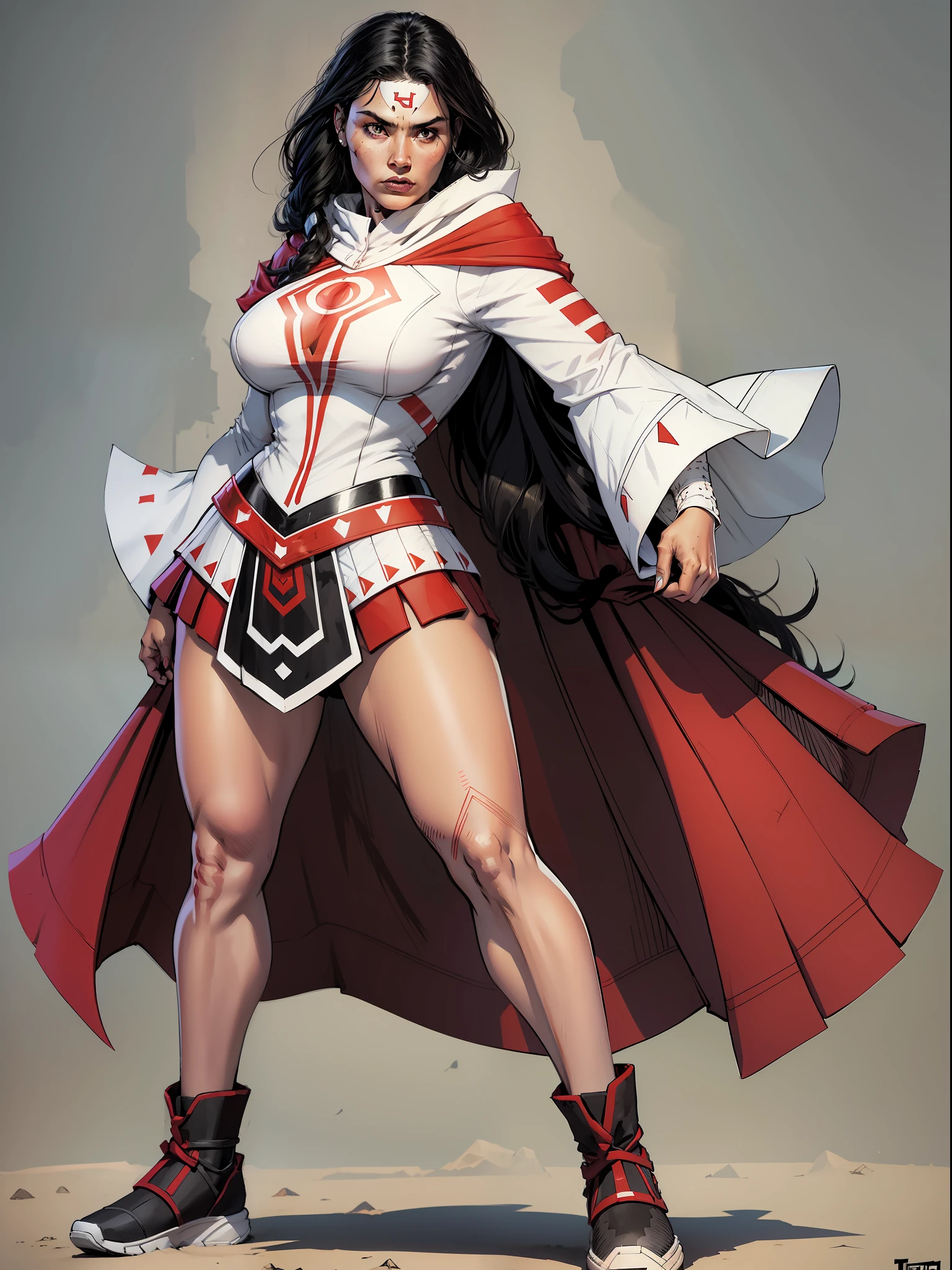 indigenous woman,super heroine,red skin tone,white eyes,black hair cumplido,white brusa,black cumplida sleeve,indigenous skirt,black shoe,black hood,full body character, T pose, Reference sheet
