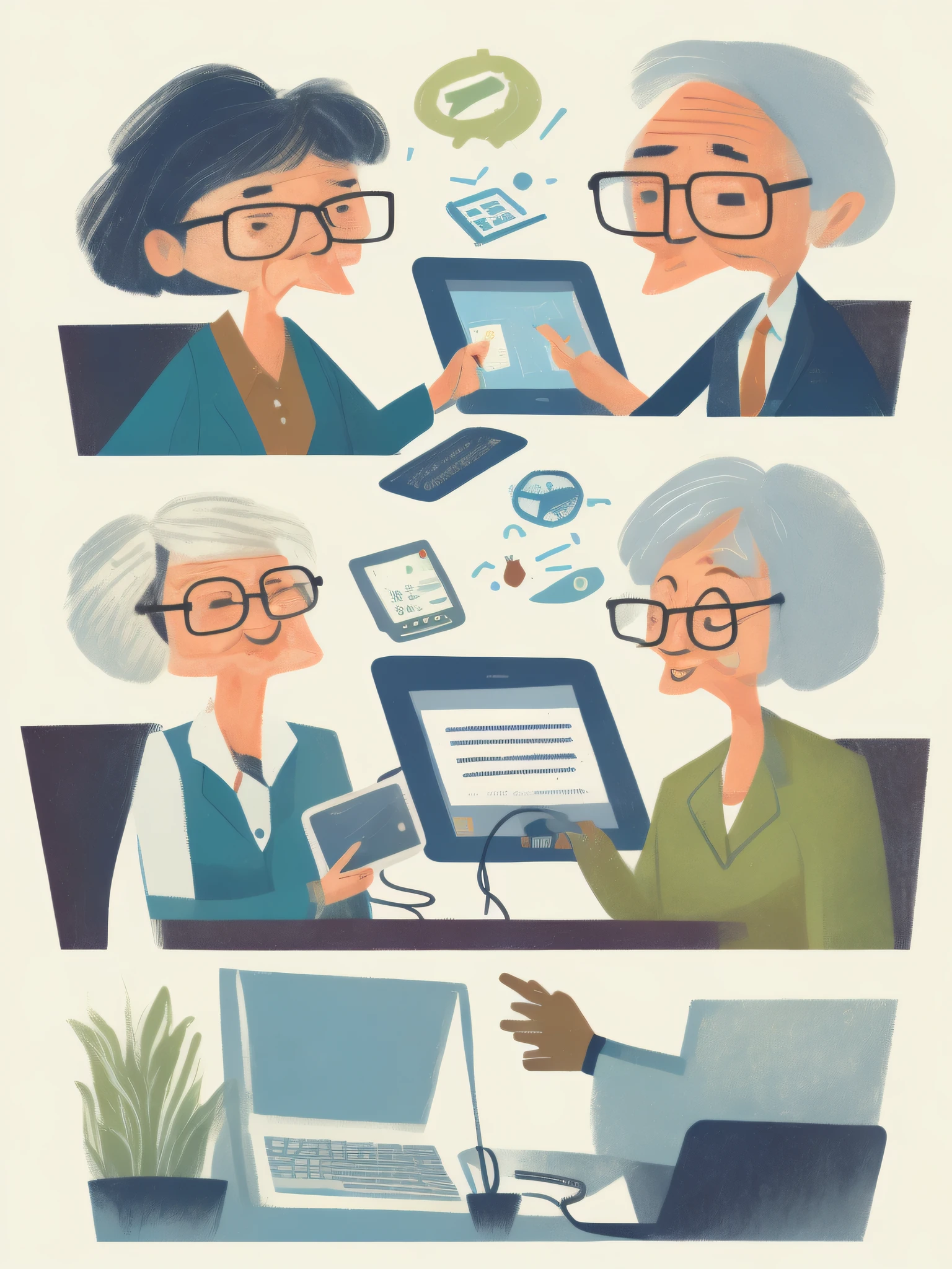 Illustrations of an older employee helping a co-worker with a tablet, laptop, or other office equipment.