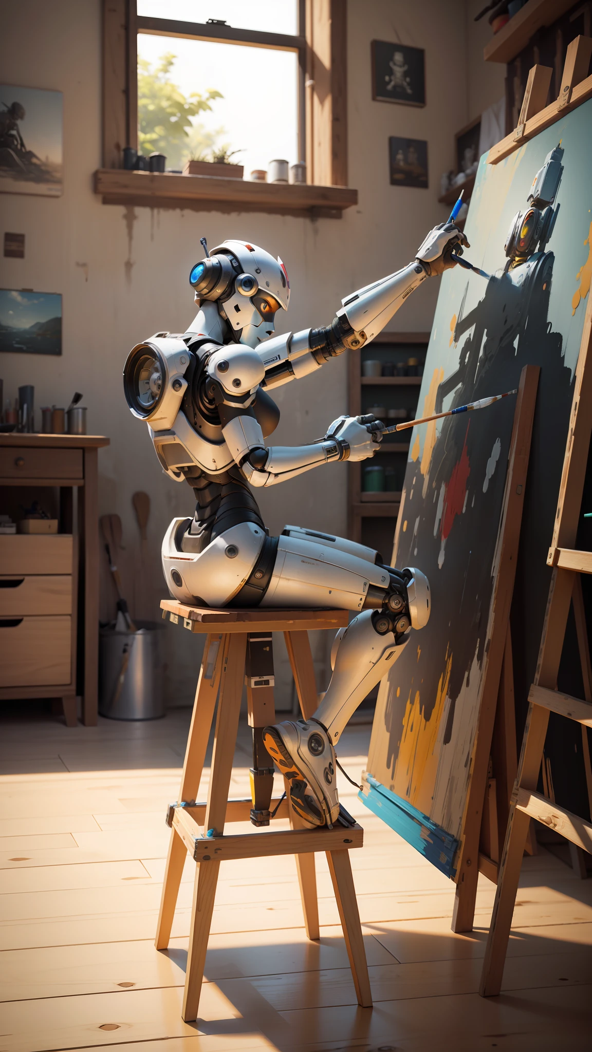 A robot sitting on a wooden stool, painting a picture that is on an easel, outstretched arm holding a brush, man-like, In a painting oficna, with many paint cans in the background, rendered in Unreal Engine, 3D, Unreal Engine 5.
