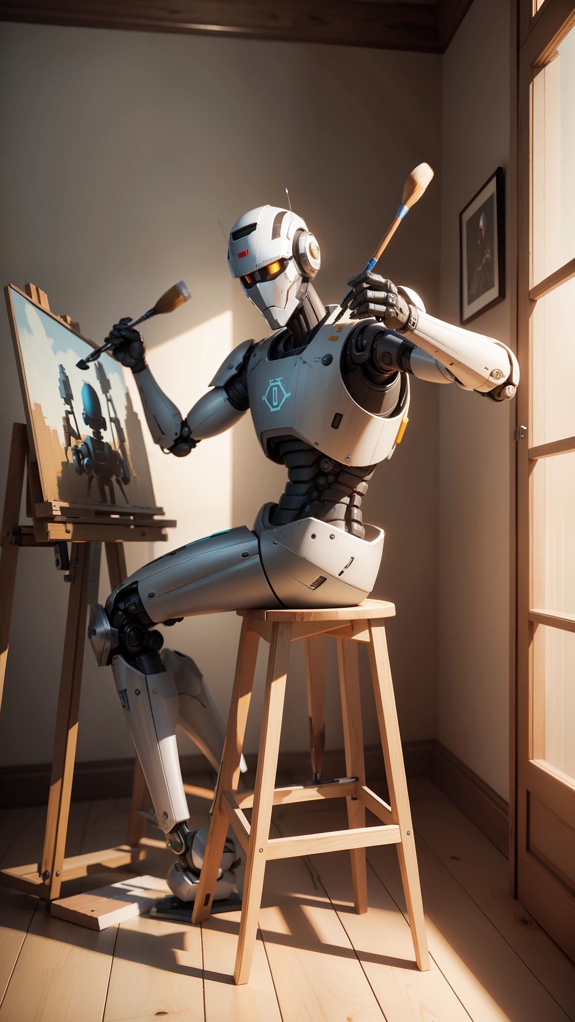 A robot sitting on a wooden stool, painting a picture that is on an easel, outstretched arm holding a brush, man-like appearance, rendered in Unreal Engine, 3D, Unreal Engine 5.