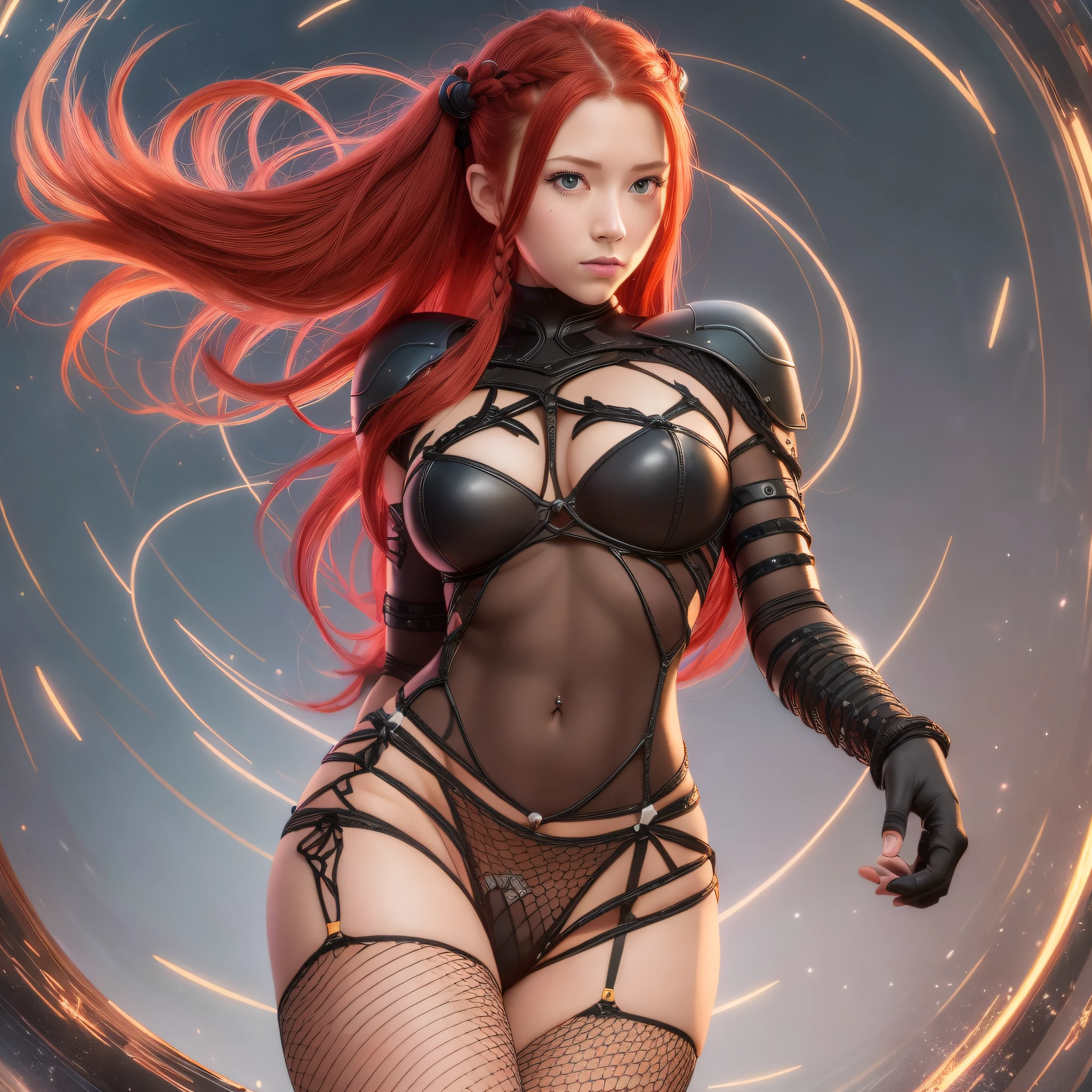 Adolescent, best quality, ultra detailed, redhead, yellow eyes, makima, electric saw man, anime, black tie, hair with braids, red lingerie, full body vision, viking style, sexy.