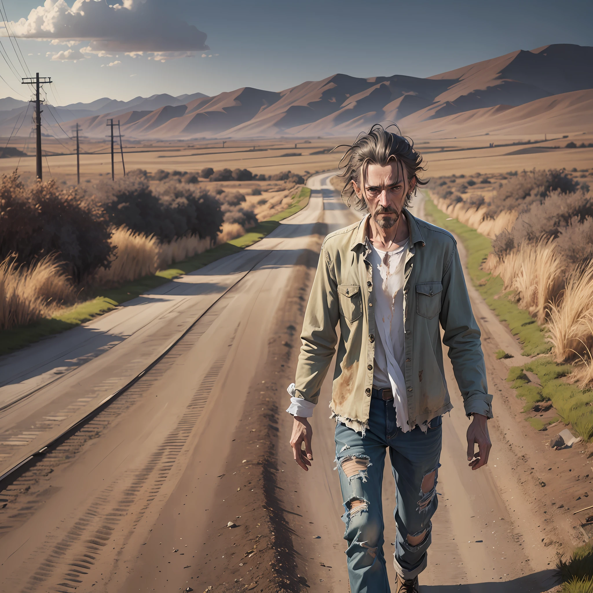 Thin man, with a haggard face, walking down a road, (open field) 8k realistic, dirty clothes and torn hair fulfilled --auto --s2