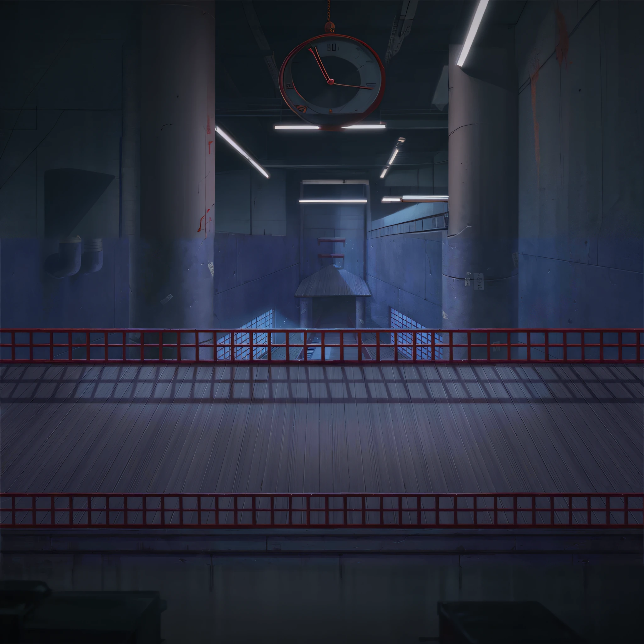 there is a red fence in front of a building with a clock on it, [[empty warehouse]] background, anime background art, factory background, background art, dark hangar background, prison background, random background scene, dungeon background, anime background, in a dungeon background, sewer background, empty warehouse background, interior background art, anime movie background