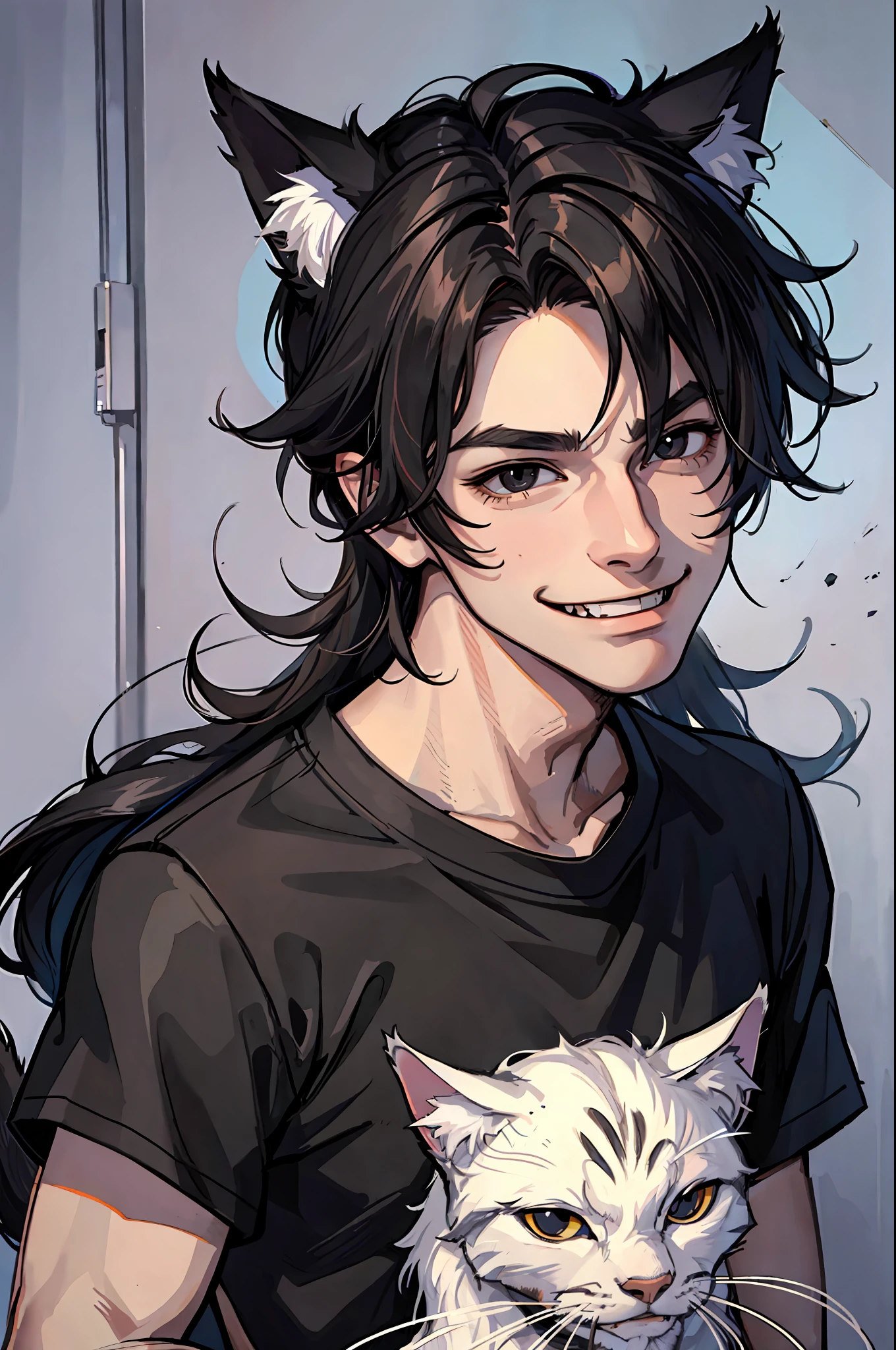 (masterpiece, best quality), 1 male, teen, cat ears, cat tail, athletic body, black eyes, messy black hair, evil smile, black shirt, portrait