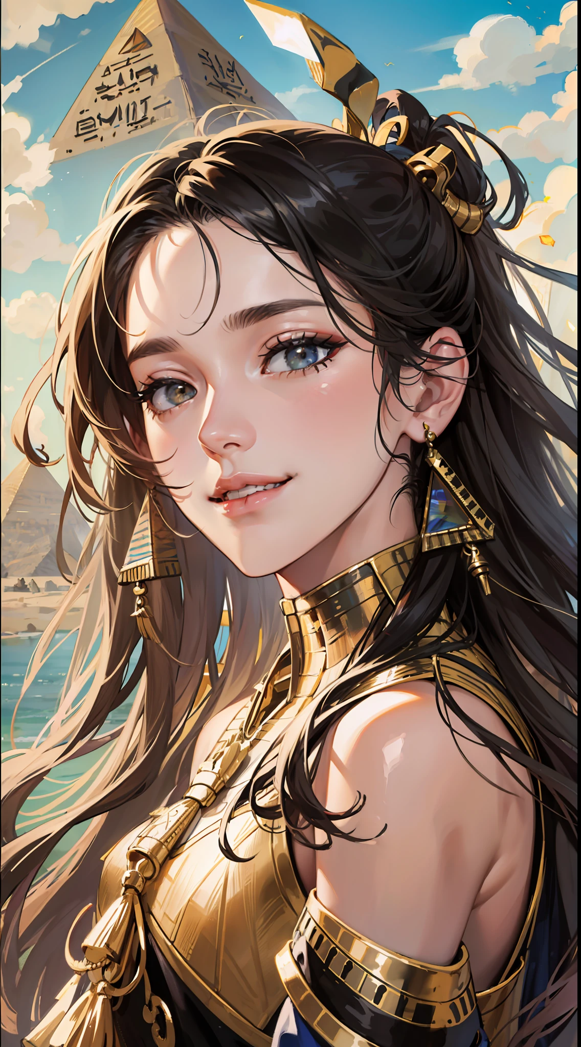 best quality, masterpiece, photorealistic photo, intricate details, raw photo, photon rendering, octane rendering, absurd, ultra detailed, detailed face, detailed skin, trend in artstation, 8k masterpiece, cinematic lighting, ((1girl)),((solo)),((looking_at_viewer)),trending on cg society,plasticien,((black long hair)),((beautiful woman)),(Smile),(((Egyptian pyramid))),wind blowing hair, ((flowing hair)), happy, fashion magazine,
