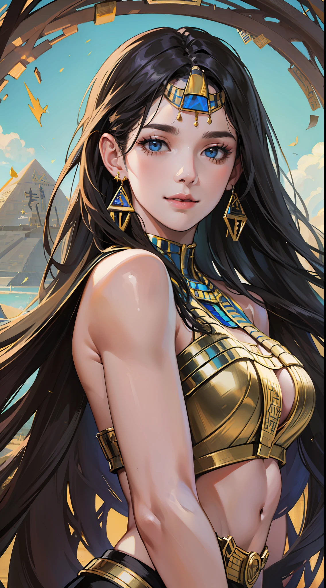 best quality, masterpiece, photorealistic photo, intricate details, raw photo, photon rendering, octane rendering, absurd, ultra detailed, detailed face, detailed skin, trend in artstation, 8k masterpiece, cinematic lighting, ((1girl)),((solo)),((looking_at_viewer)),trending on cg society,plasticien,((black long hair)),((beautiful woman)),(Smile),(((Egyptian pyramid))),wind blowing hair, ((flowing hair)), happy, fashion magazine,