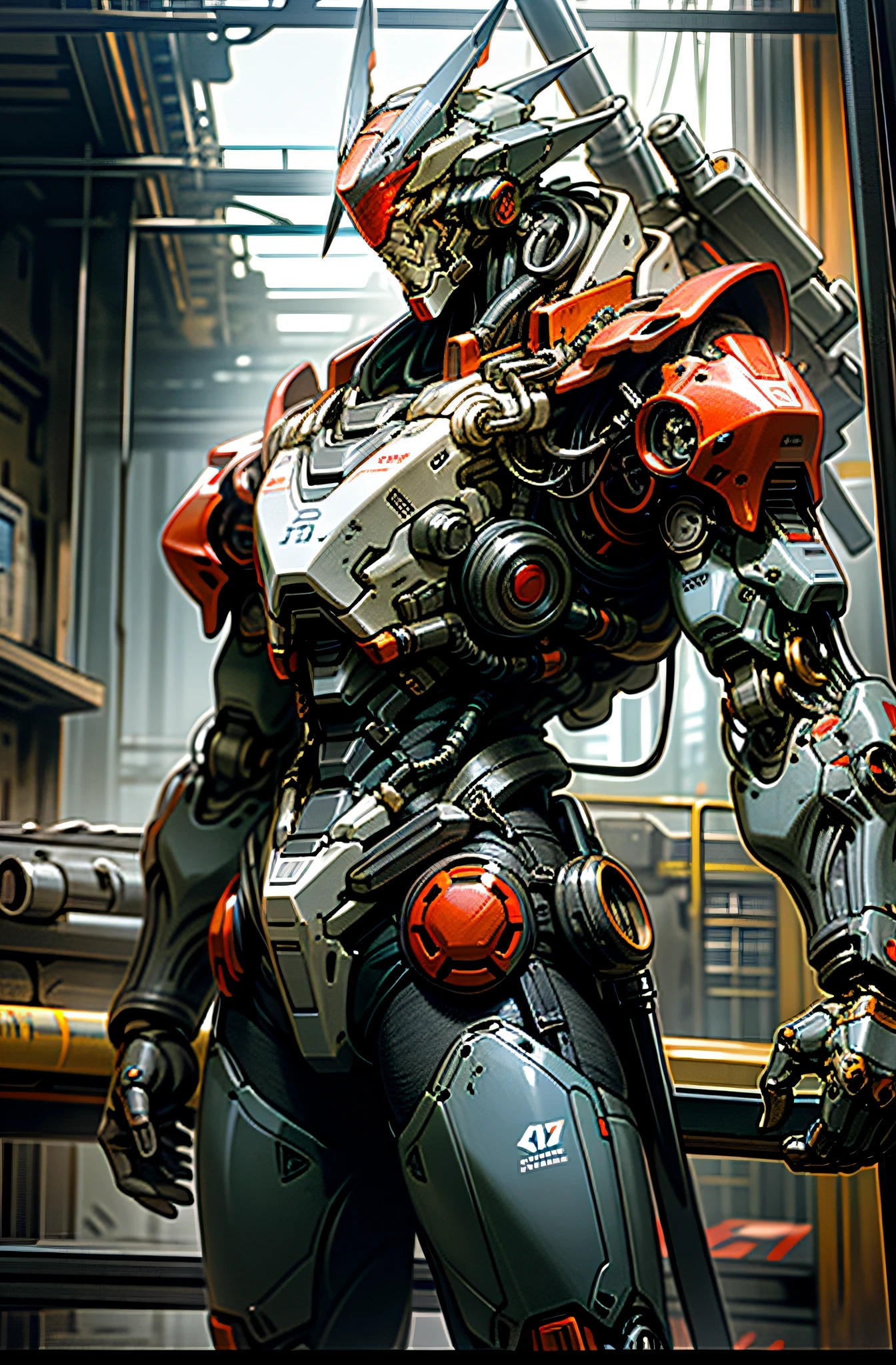 Dark_Fantasy, Cyberpunk, (chain saw, chain saw man, Red: 1.1), 1man, Mechanical marvel, Robotic presence, Cybernetic guardian, wearing shabby mech suits, intricate, (steel metal [rusty]), elegant, clear focus, photographed by Greg Rutkowski, Soft lighting, bright colors, masterpieces, ((street)), cowboy shooting, dynamic poses, coldness, war, space