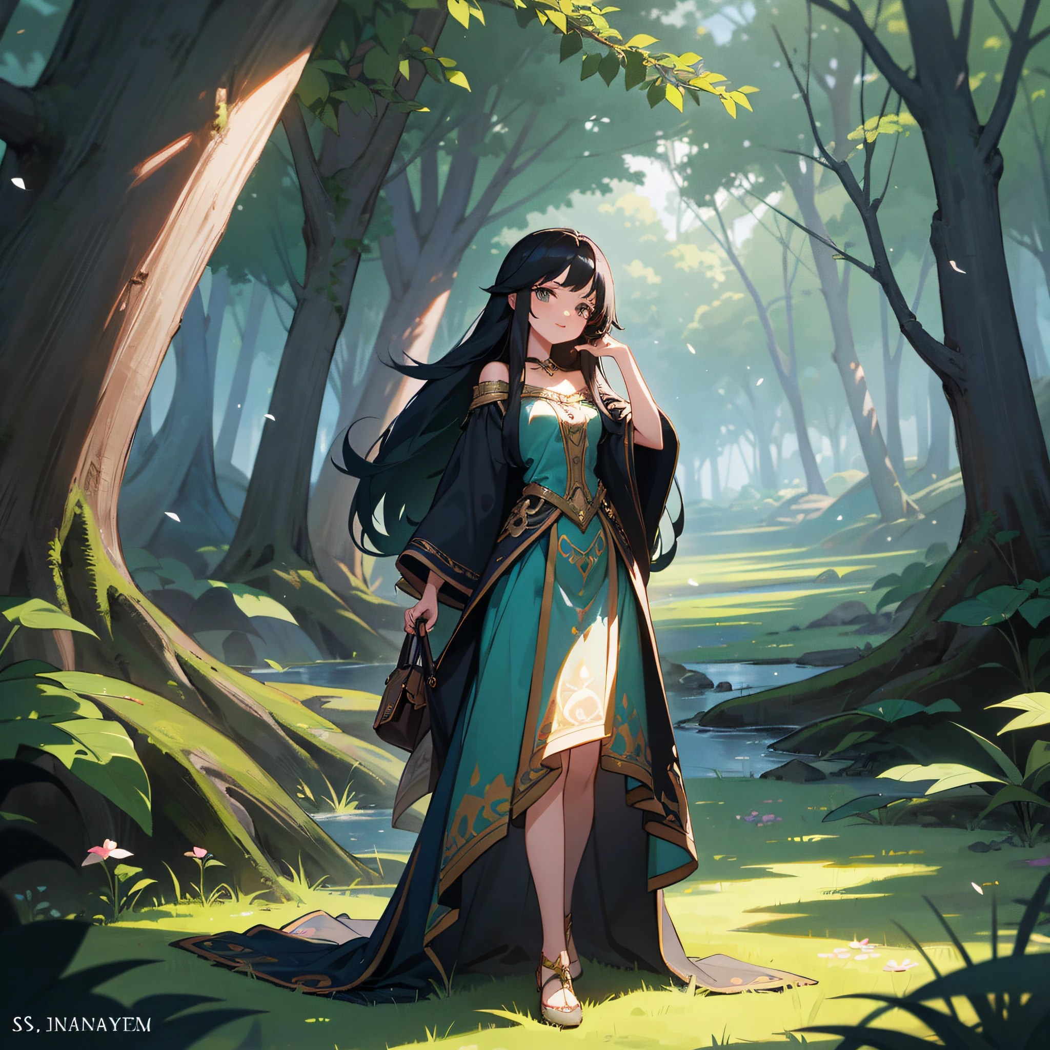 a girl, full body, long black hair, 20 years old, in an enchanted forest, Disney style --auto --s2