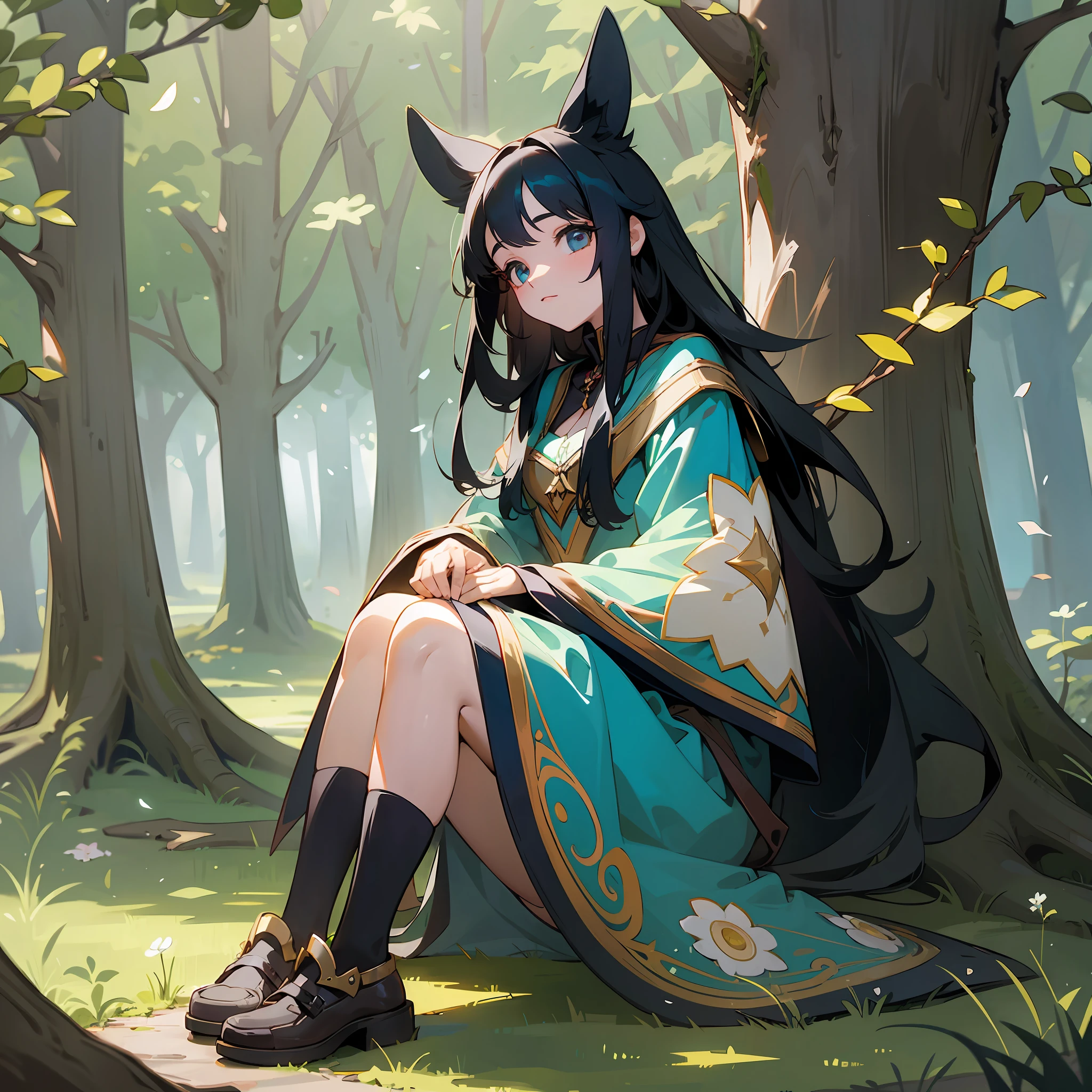 a girl, full body, long black hair, 20 years old, in an enchanted forest, Disney style --auto --s2