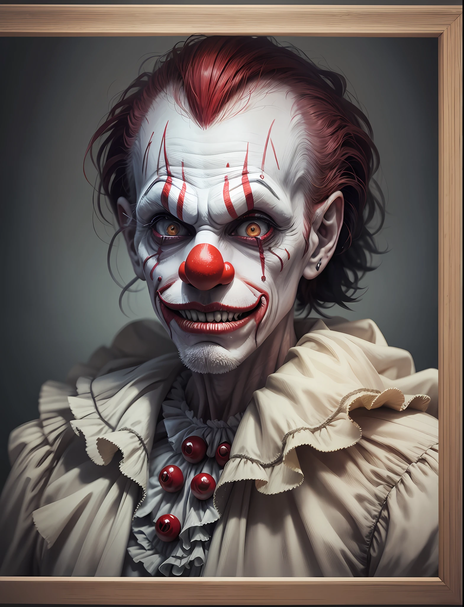 a creepy clown, pointed teeth, disfigured face, ultra realistic, photography, HD, 4k, horror style --auto --s2