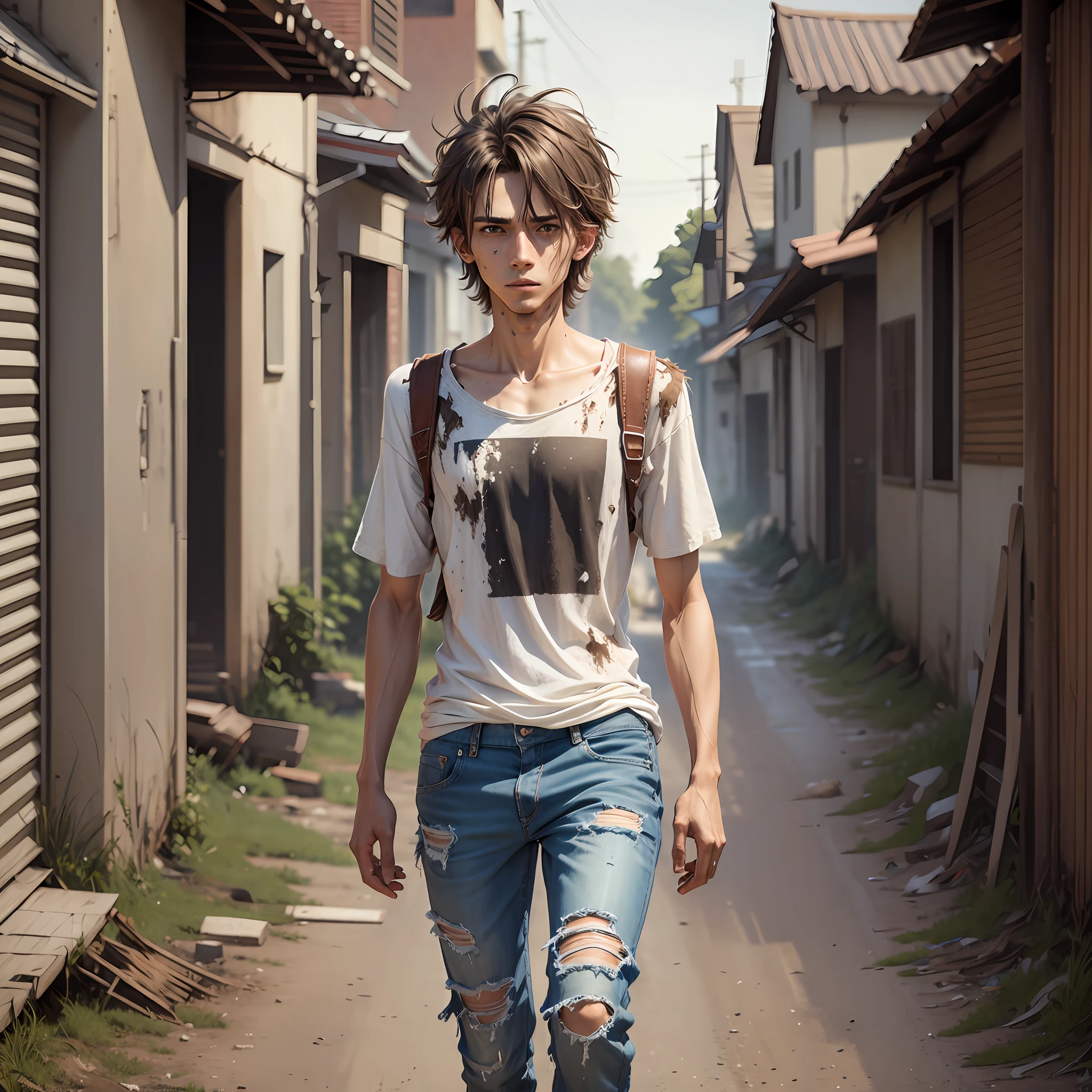 Skinny young man, with downcast face, walking down a road, (open field) realistic 8k, dirty and torn clothes hair fulfilled torn t-shirt dirty face messy hair --auto --s2