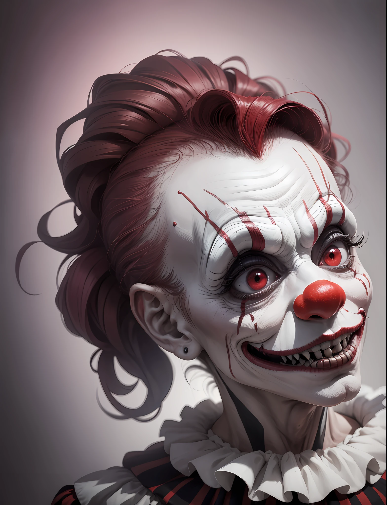 a creepy clown, pointed teeth, disfigured face, ultra realistic, photography, HD, 4k, horror style --auto --s2