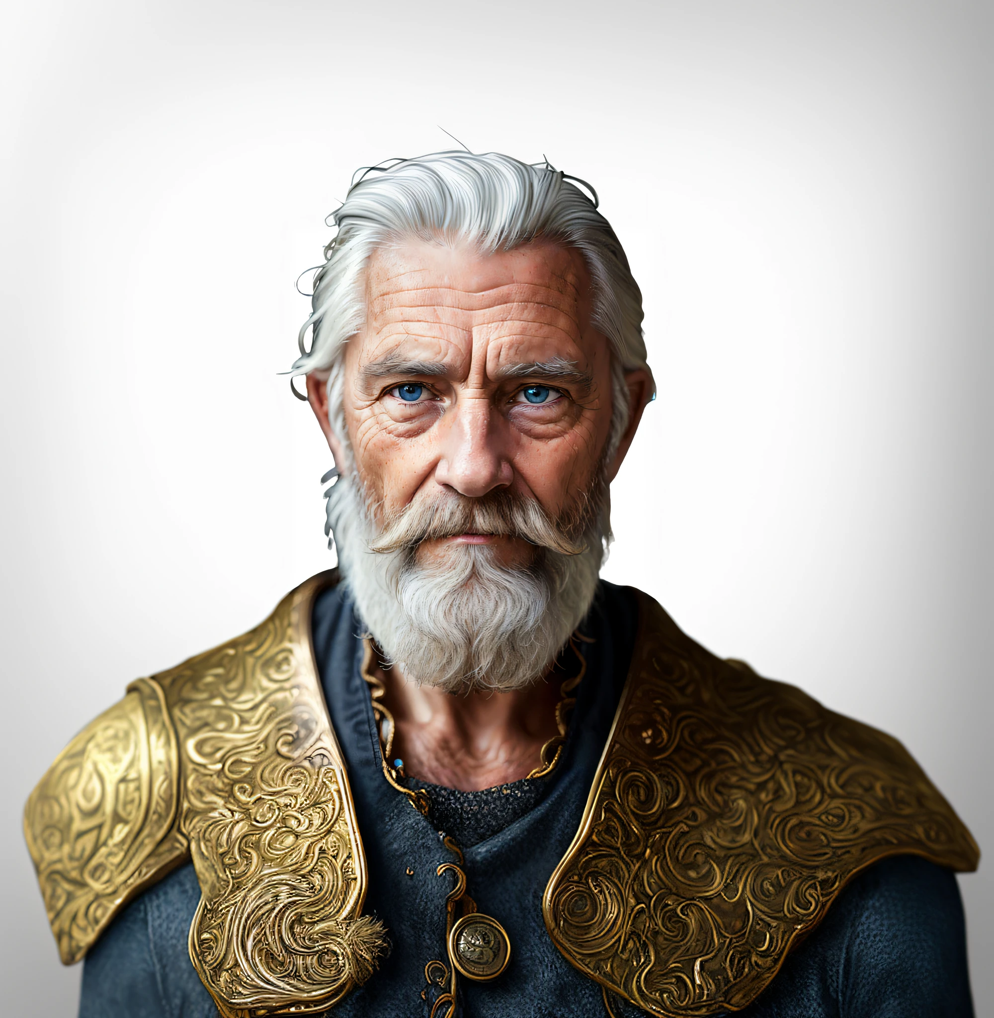 arafed man with a white beard and a gold jacket, painted portrait of rugged odin, ultra detailed portrait, highly realistic digital art, hyper realistic digital art, highly detailed vfx portrait of, highly detailed vfx portrait, hyper realistic digital painting, ultra realistic digital painting, white hair and beard, ultra realistic digital art, ultra-realistic digital art, hyper-detailed portrait