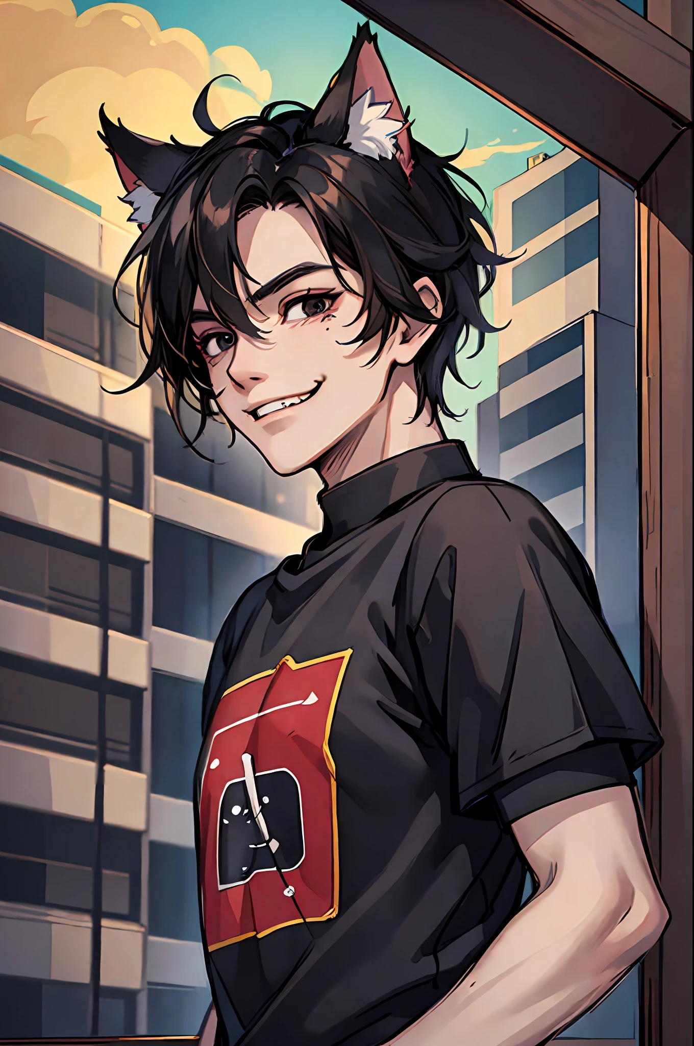 (masterpiece, best quality), 1 male, teen, cat ears, cat tail, athletic body, black eyes, messy black hair, evil smile, black shirt, portrait