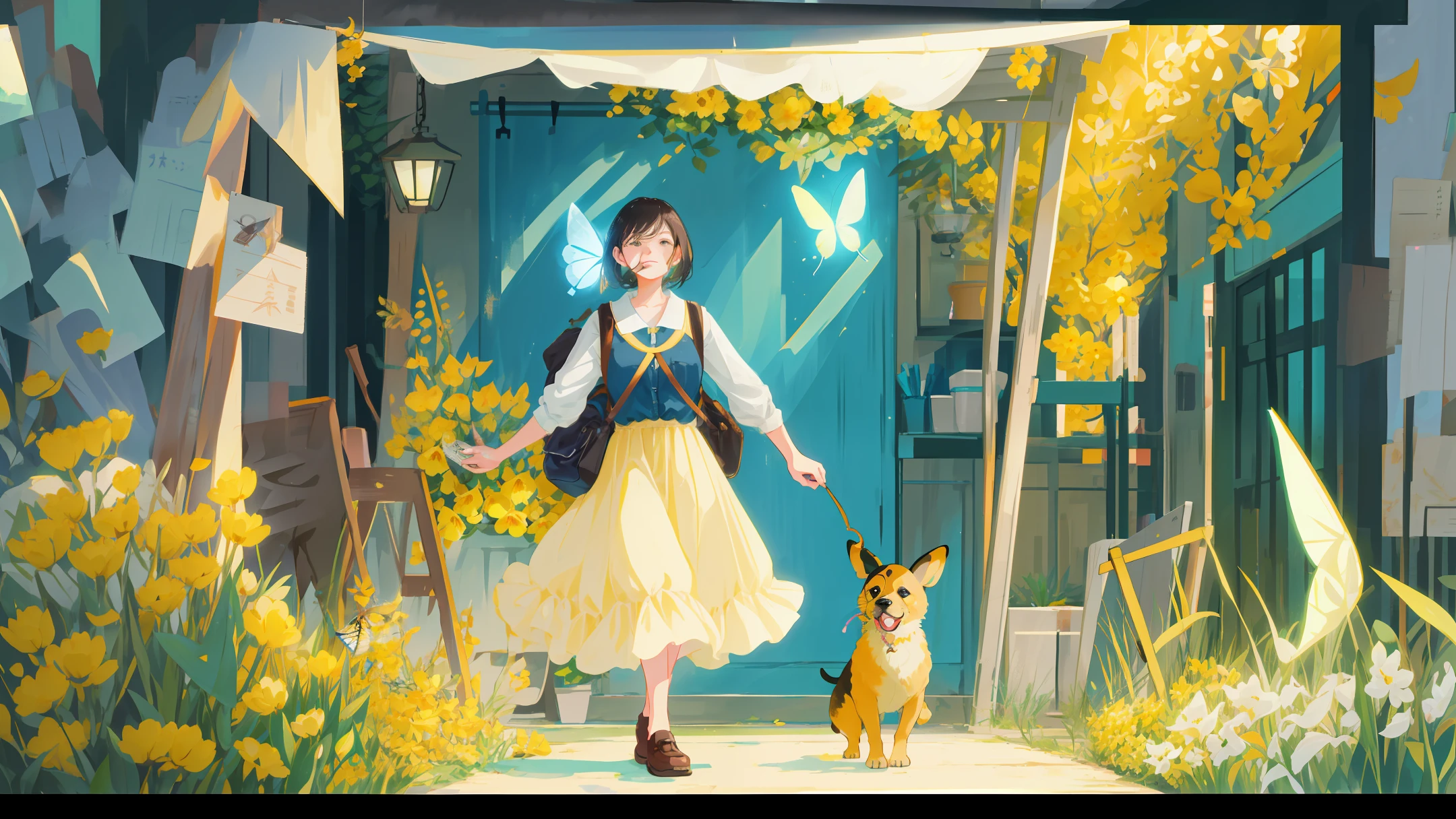 A charming woman with a backpack is enjoying a beautiful spring walk surrounded by beautiful yellow flowers and nature with her cute puppy. The illustration is a high definition illustration in 4k resolution with highly detailed facial features and cartoon-style visuals, (Butterfly Dance)