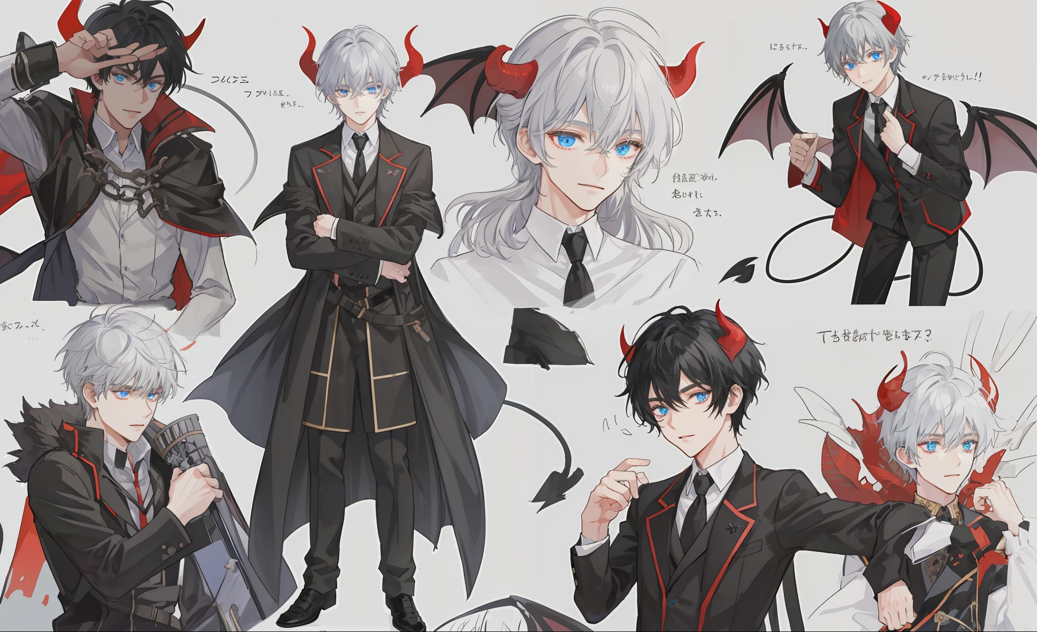 Cute demon boy, demon boy, horned boy, medium black hair, black hair, medium hair, eyes, blue eyes