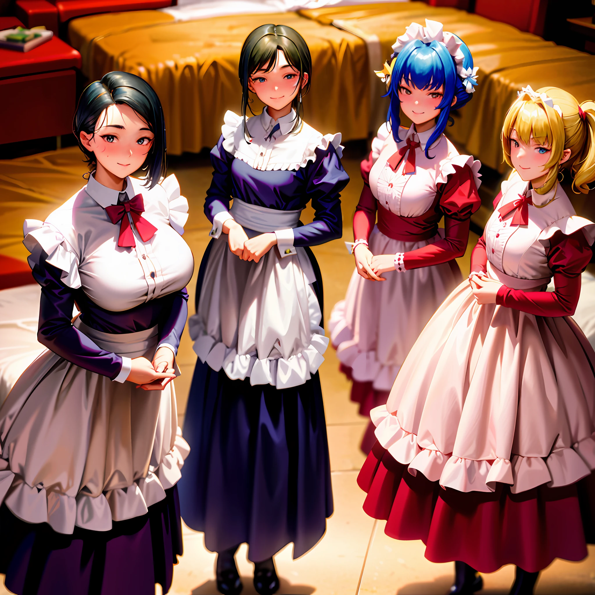ultra detail,cowboy shot, close-up,straight-on, looking at viewer,
3girls, maid , lineup, skirt lift, cloth, hair, skirt, evil smile,
on bed, night, moody lighting,