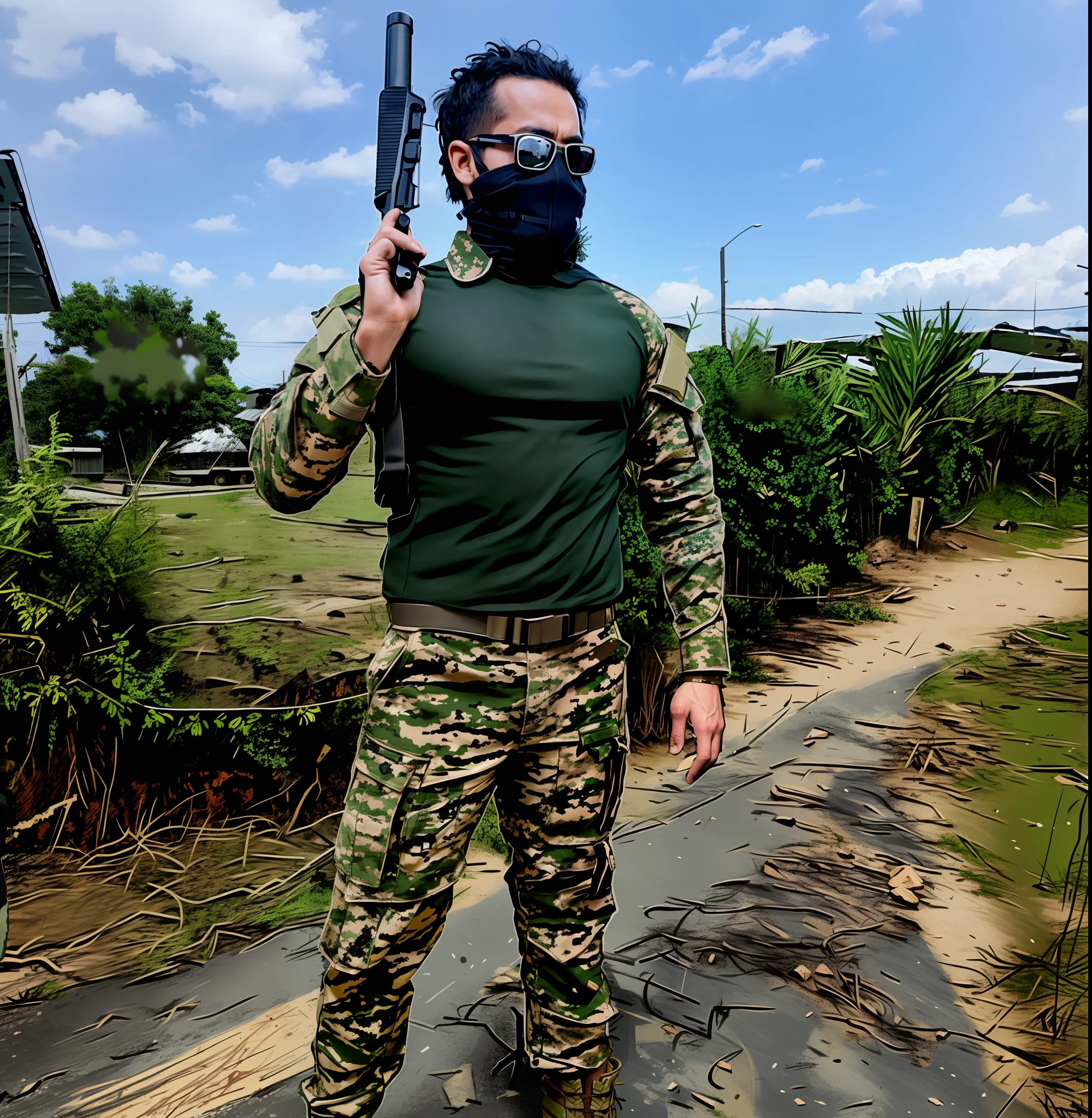 arafed man in camouflage holding a gun and wearing a mask, ready for combat, rugged soldier, miltary, dressed in tactical armor, airsoft close quarter combat, airsoft cqb, militaristic!!!, guerilla soldier, wearing dirty soldier uniform, soldier outfit, full soldier clothing, with rifle, military outfit, camouflaged gear, wearing tactical gear, soldier, futurista, realista, estilo de desenho anime com realismo
