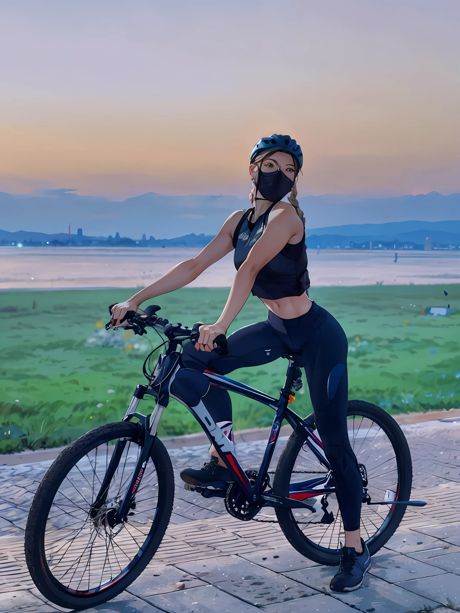 woman riding a bike on a sidewalk near a grassy field, picture of a female biker, cycling!!, biker, by Emma Andijewska, with a city in the background, outdoors, profile pic, profile image, sporty, by Anna Haifisch, cottagecore!! fitness body, 🤬 🤮 💕 🎀, bicycle, riding a bike