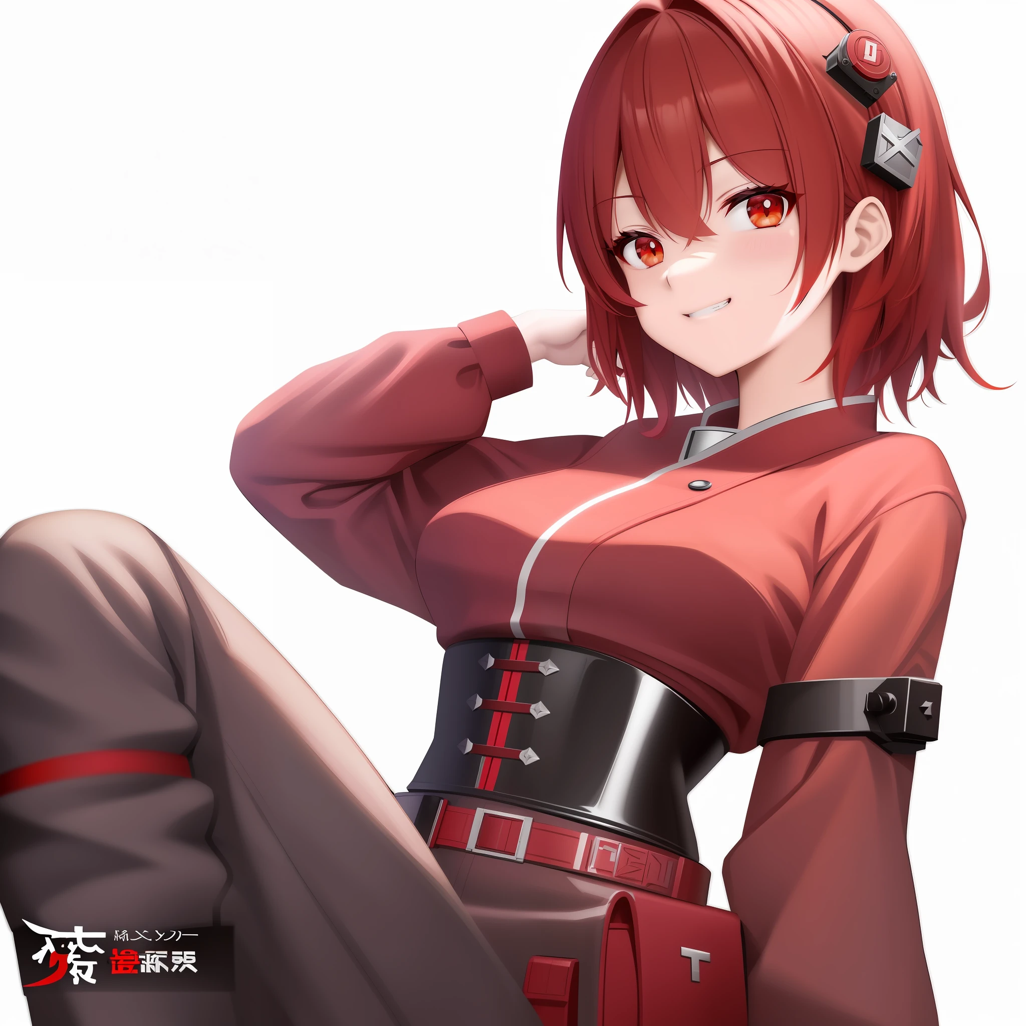 anime girl with red hair and a red top sitting on the ground, render of april, ayaka genshin impact, cushart krenz key art feminine, kantai collection style, female protagonist 👀 :8, from girls frontline, roguish smirk, dramatic smirk pose, cushart krenz, fine details. girls frontline