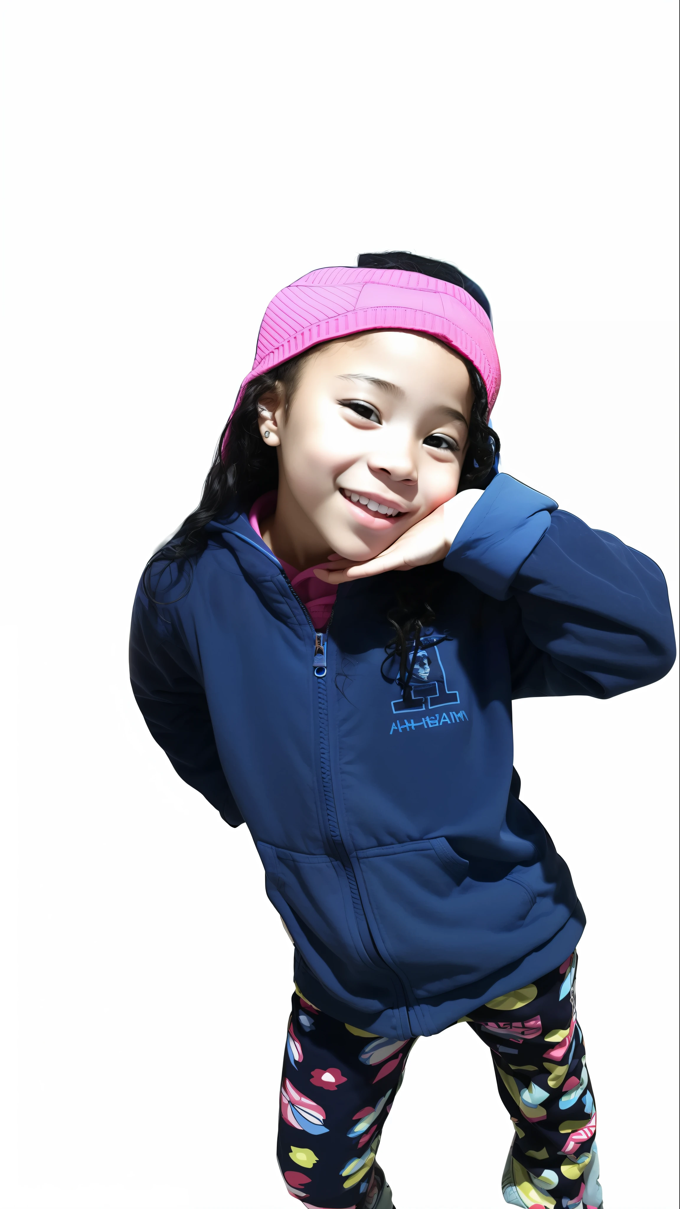 arafed girl in a blue jacket and pink hat posing for a picture, ???, light skinned african young girl, 4yr old, black haired girl wearing hoodie, various posed, girl wearing hoodie, african american girl, potrait, 2 years old, with a black background, taken in the late 2000s, four years old, an artistic pose