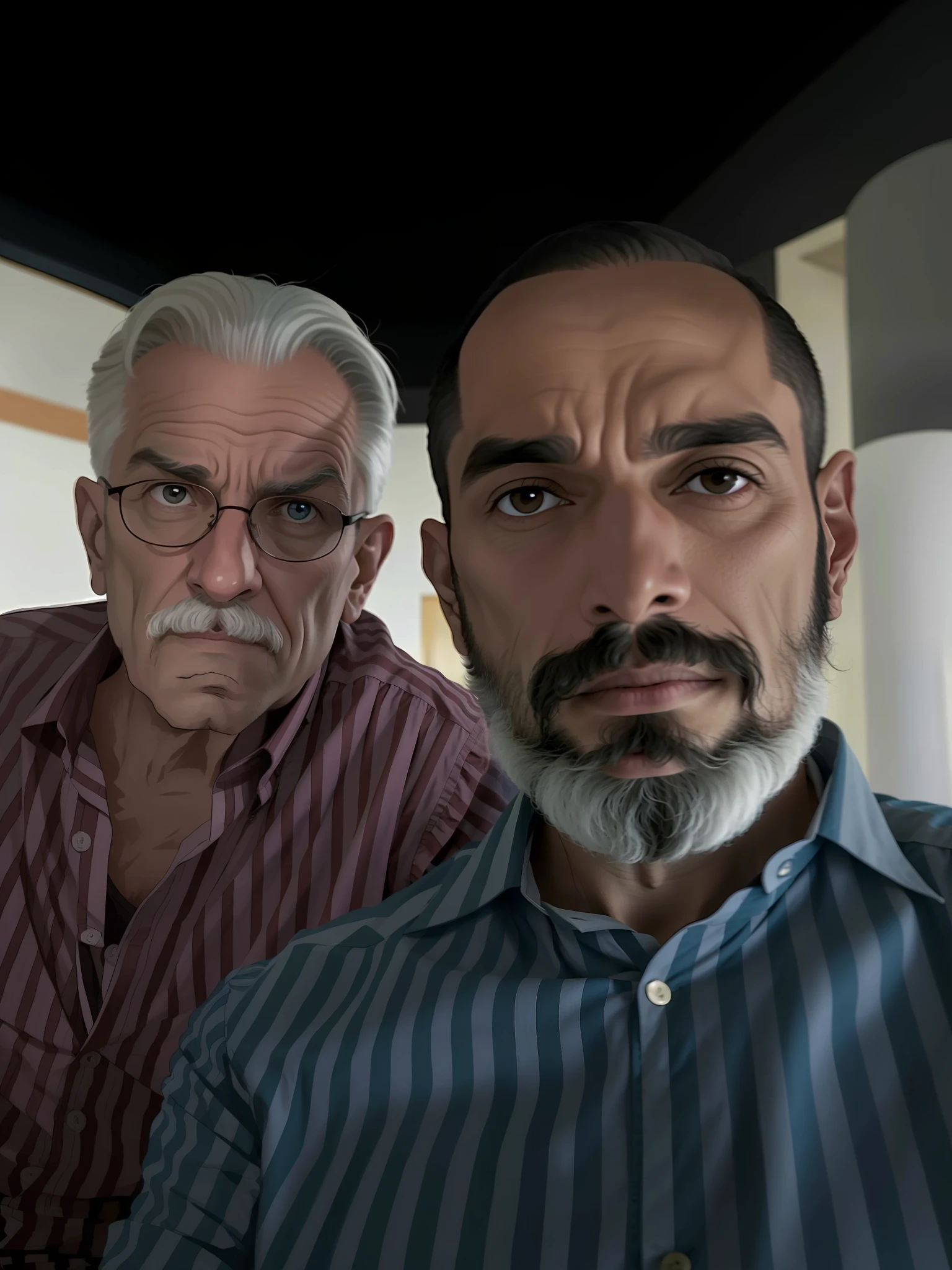 there are two men sitting next to each other in a room, mc escher and ronny khalil, mars ravelo and greg rutkowski, two handsome men, profile image, profile pic, genzoman and frank franzzeta, very very low quality picture, paul pepera pablo roldan, luis nieves sr