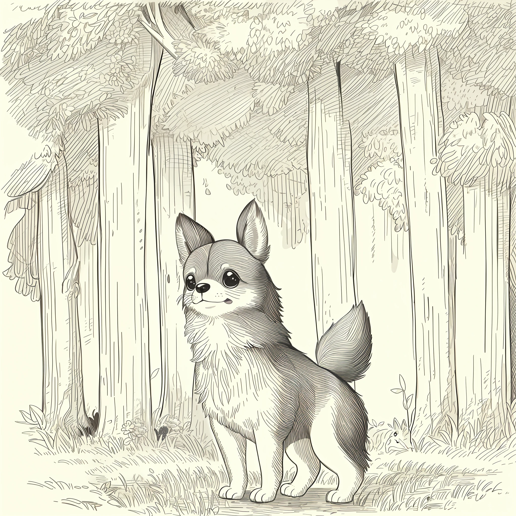(High quality, 8k) line drawing, lineart, black and white, cute and fluffy chihuahua dog in the forest with trees and flowers