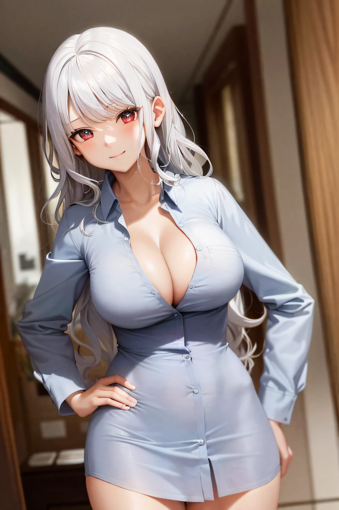 masterpiece, best quality, absurdres, perfect anatomy, 1girl, solo, fair skin, silver hair, long hair, wavy hair, bangs, red eyes, white button-up, miniskirt, large breast, cleavage, business office, smile, closed mouth, hands on hips, camel toe, contrapposto,