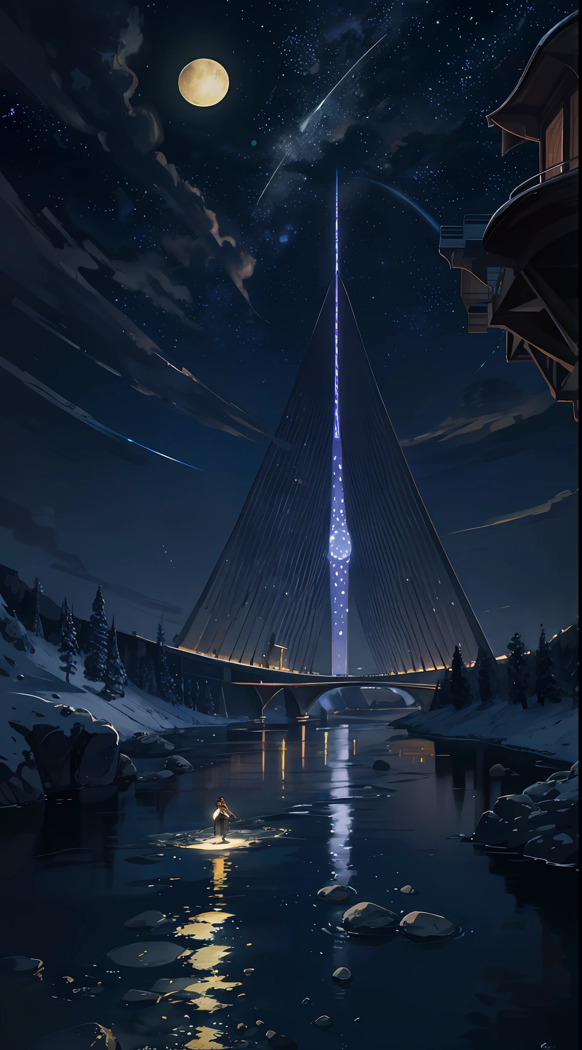 A painting of a river with stars and moon in the sky, concept art inspired by Tosa Mitsuoki, winner of the pixiv competition, best quality, fantasy art, beautiful futuristic scene, golden moon. A bright moon, starry sky environment in the moonlight, dream painting, dream landscape art, dreamy night, fantastic art, starry sky, futuristic city, detail enhancement, surrealism,