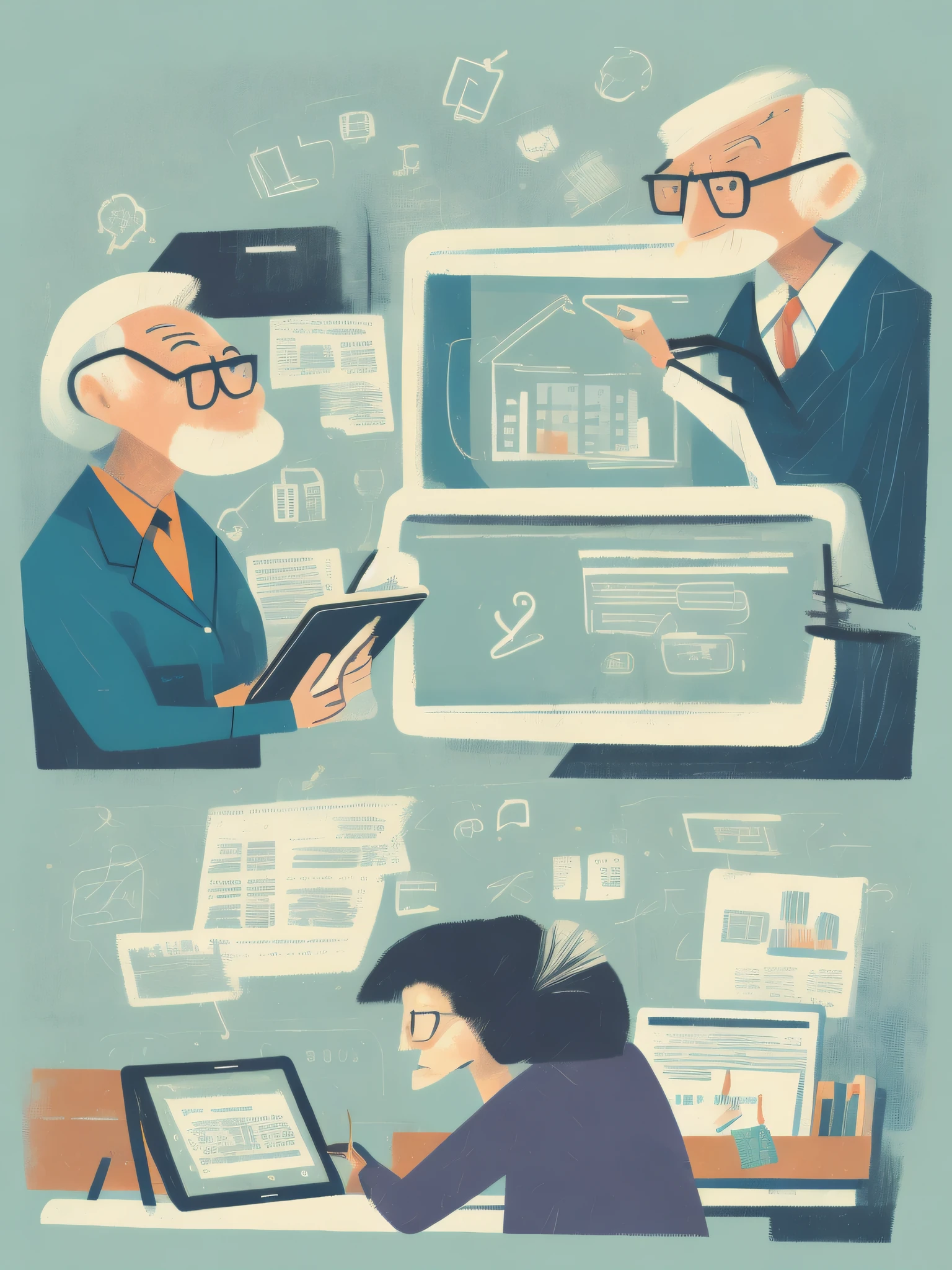 Illustrations of an older employee helping a co-worker with a tablet, laptop, or other office equipment.