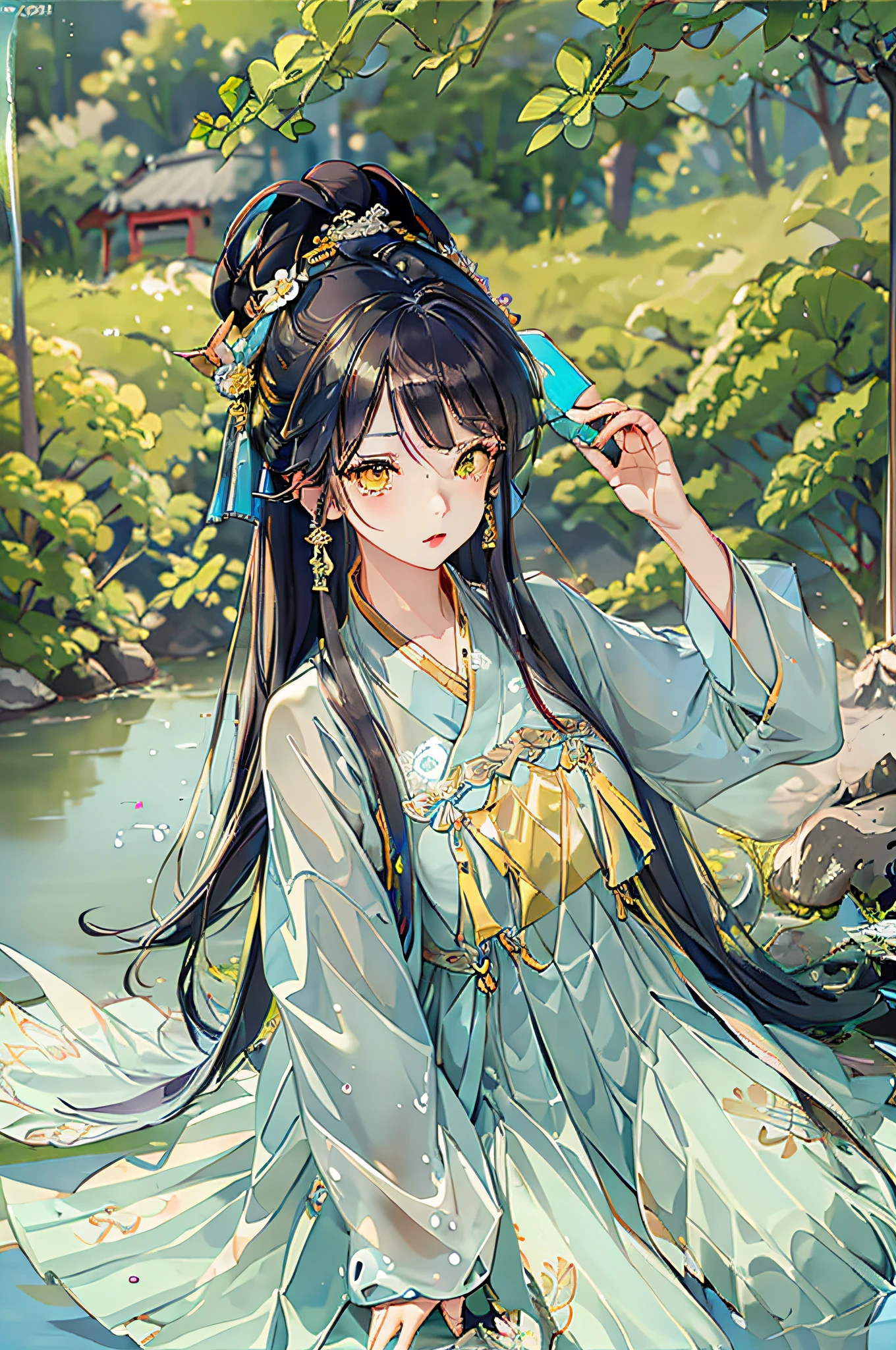 best quality, intricate details, highres,(beautiful detailed water:1.4),(hanfu, tang style),yellow eyes,(1girl in glass jar:1.1),
