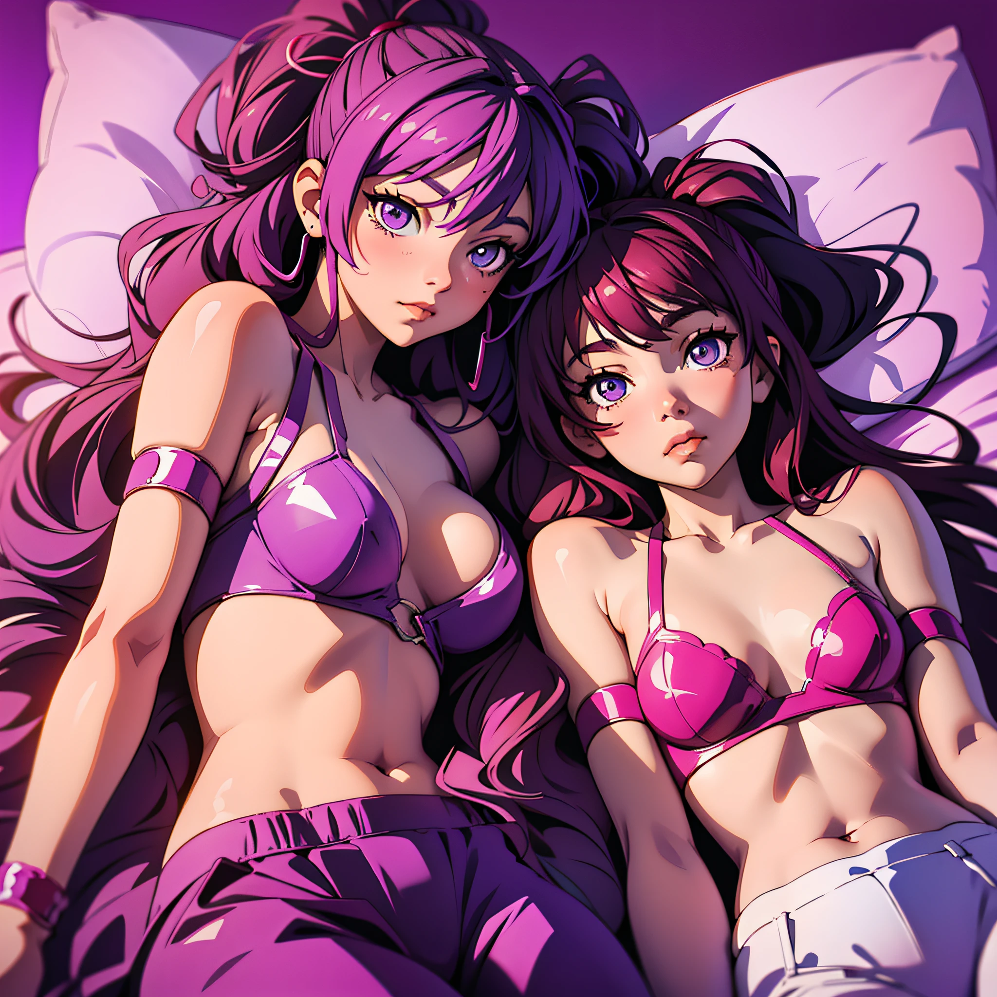 photo from above: purple background, two anime girls lying on bed and looking at each other, lying on sides, in softly lit room. --auto --s2