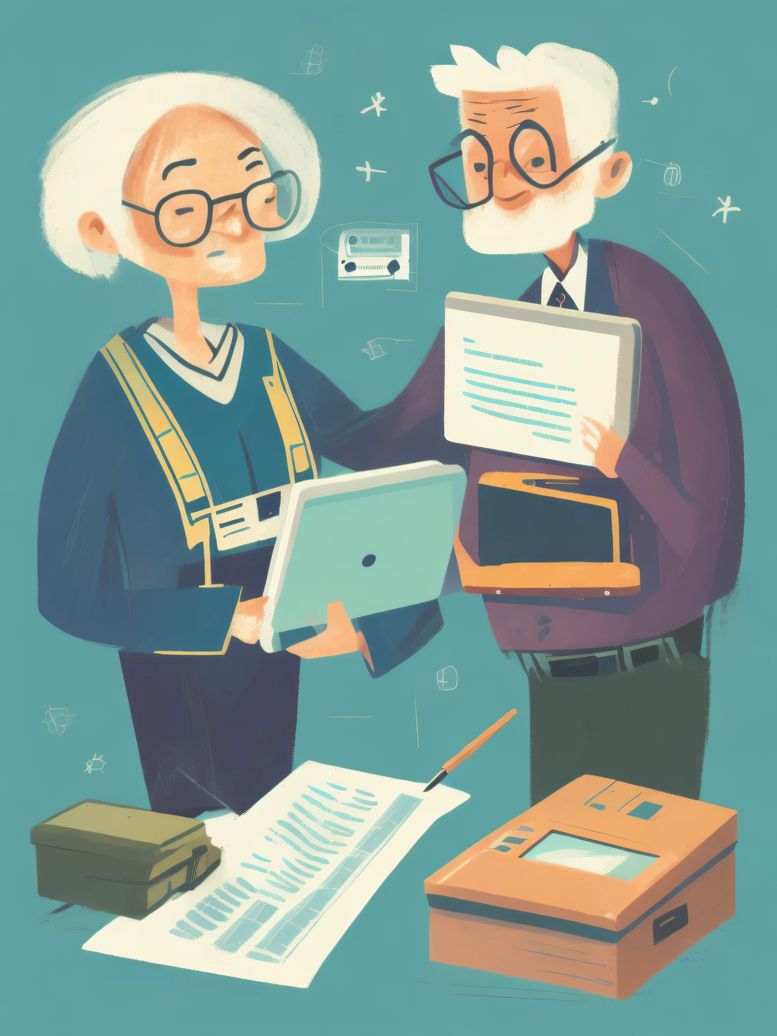 Illustrations of an older employee helping a co-worker with a tablet, laptop, or other office equipment.